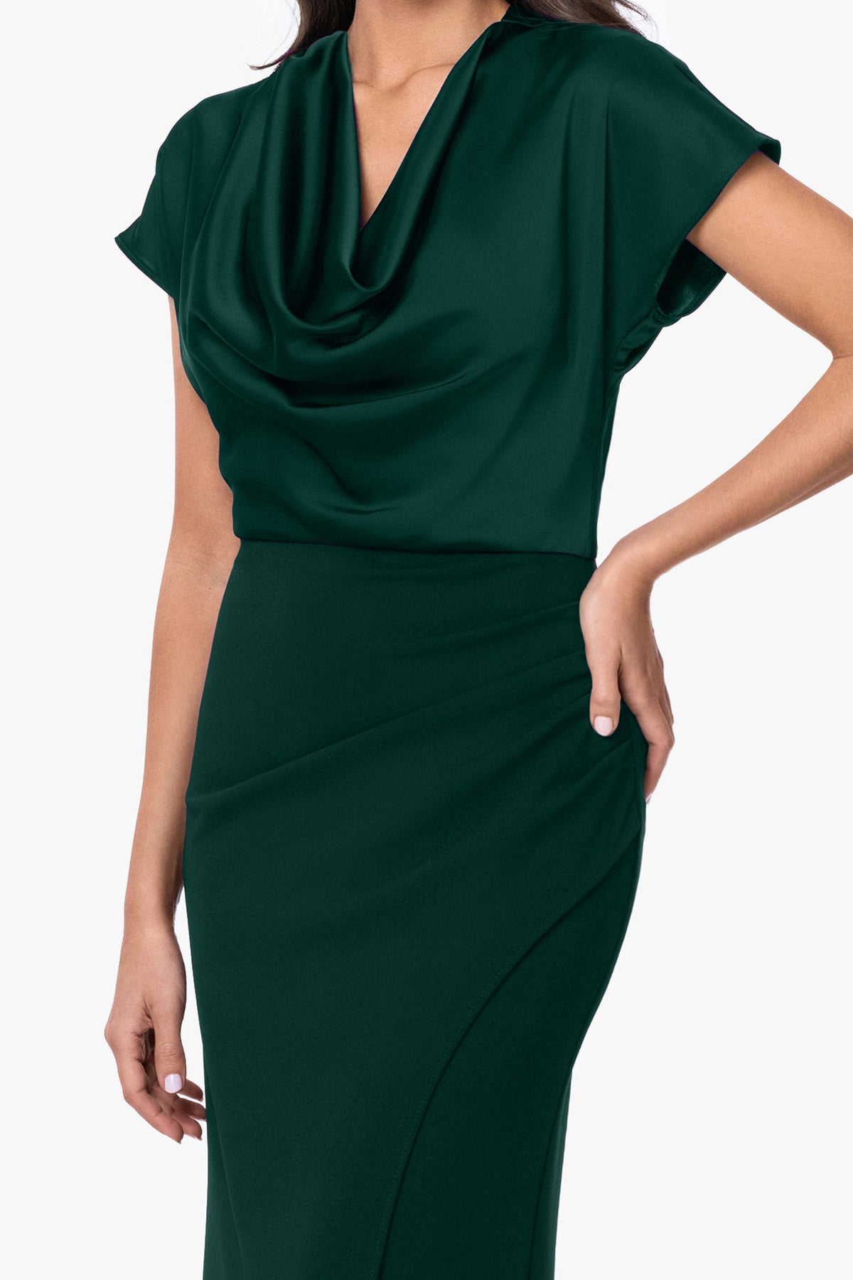 "Rinna" Scuba Crepe & Satin Cowl Neck Dress