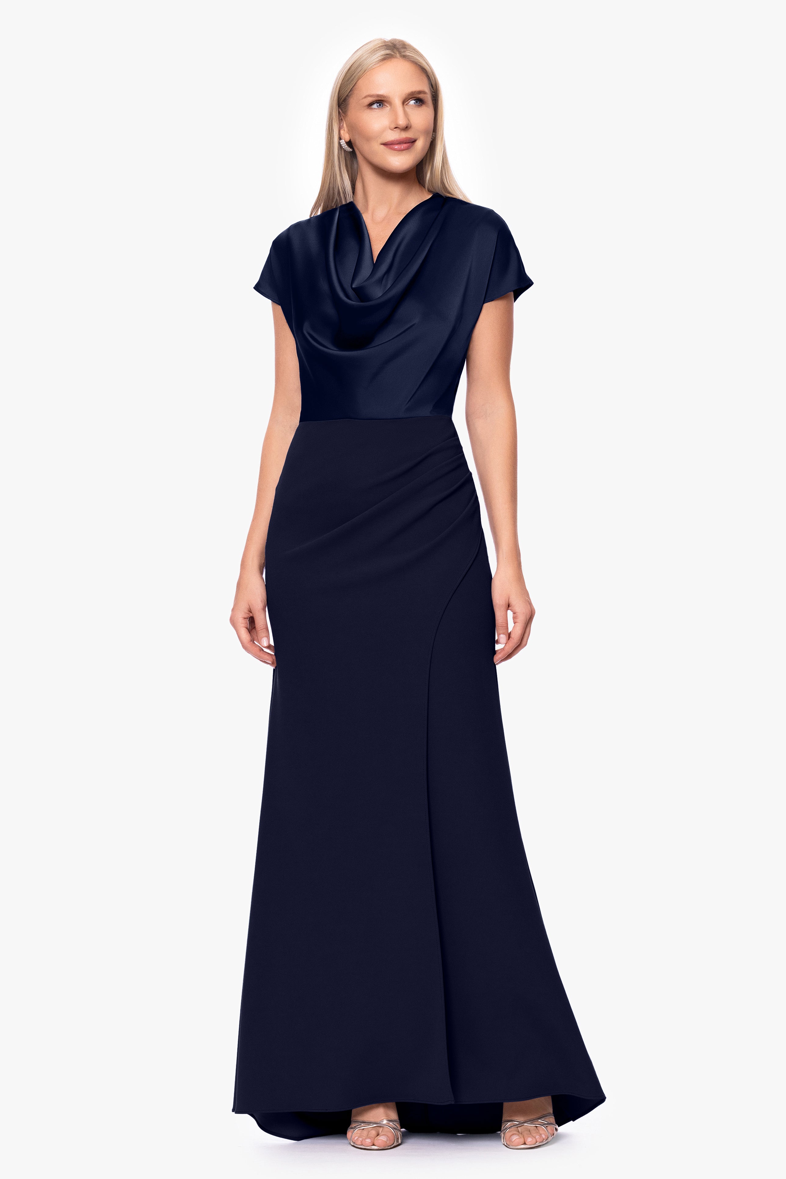 "Rinna" Scuba Crepe & Satin Cowl Neck Dress