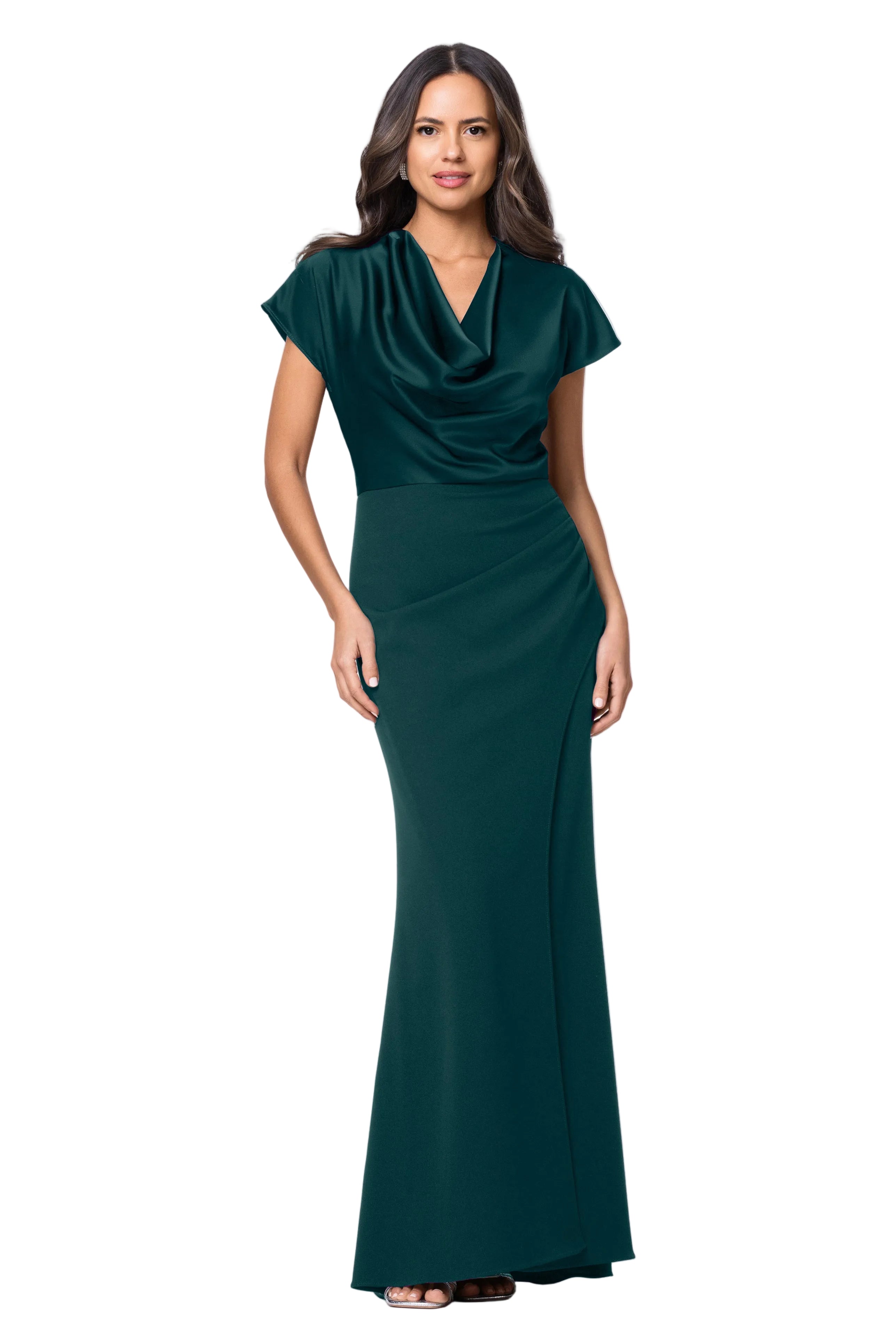 Petite "Rinna" Scuba Crepe and Satin Cowl Neck Floor Length Dress