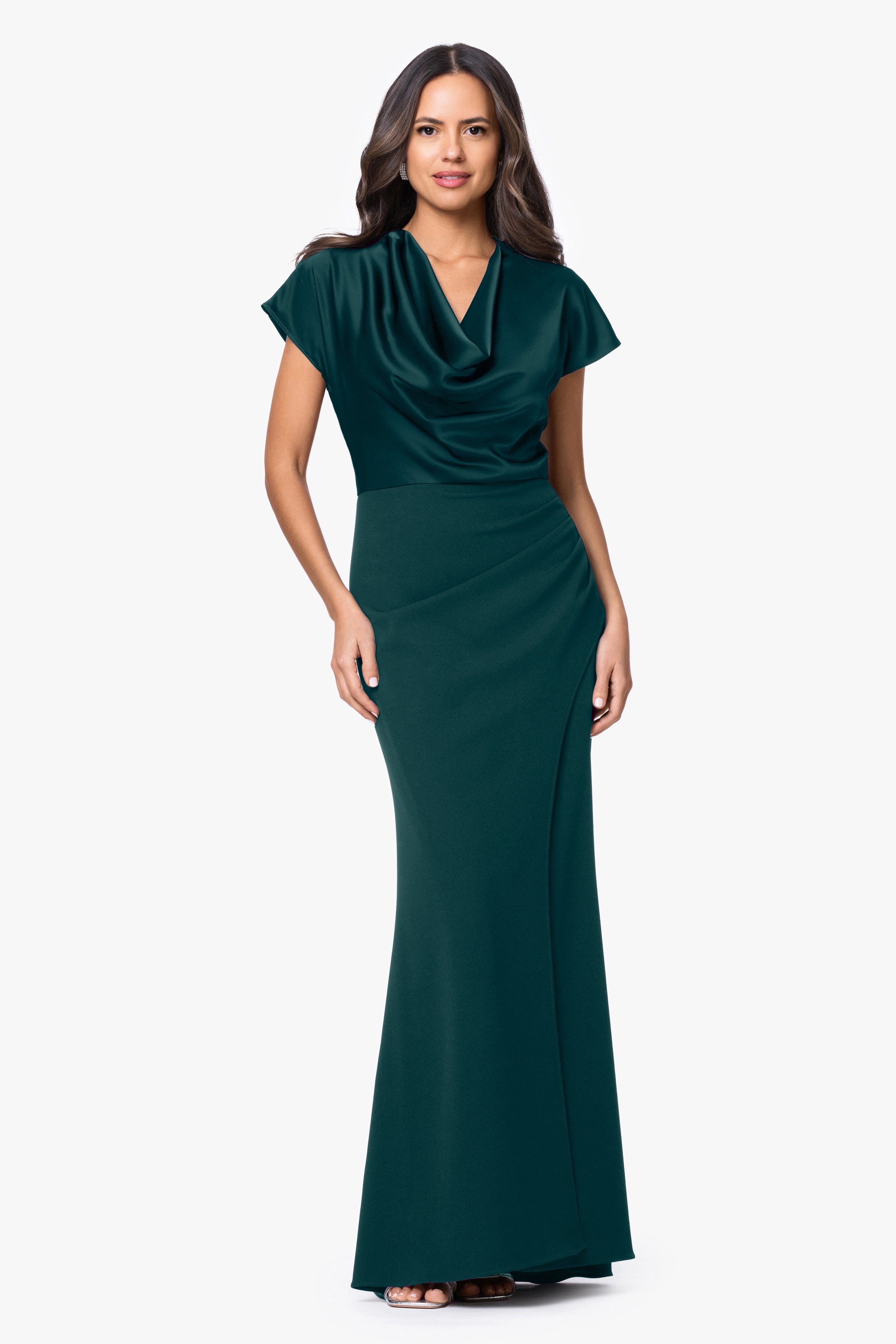 Petite "Rinna" Scuba Crepe and Satin Cowl Neck Floor Length Dress