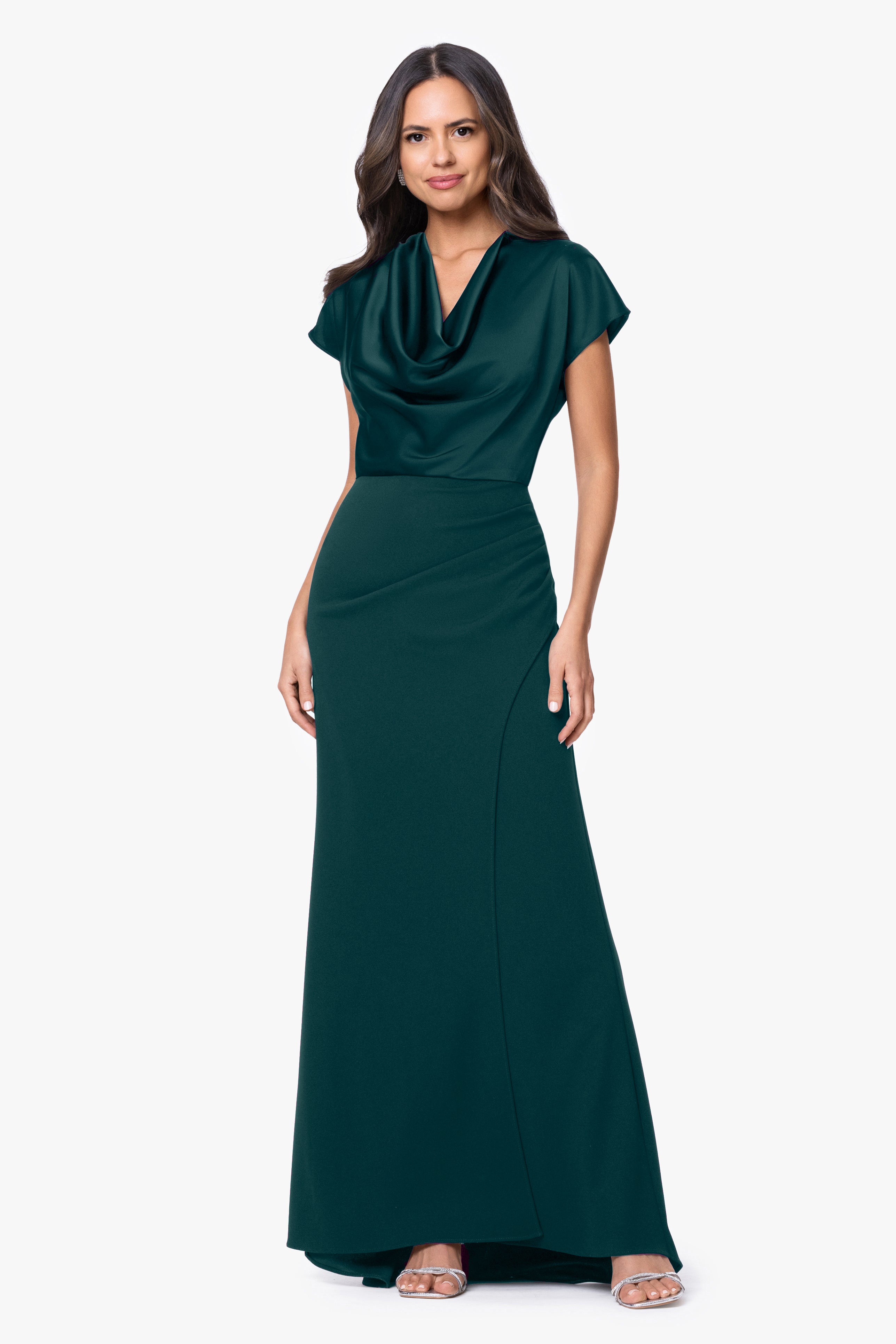 Petite "Rinna" Scuba Crepe and Satin Cowl Neck Floor Length Dress