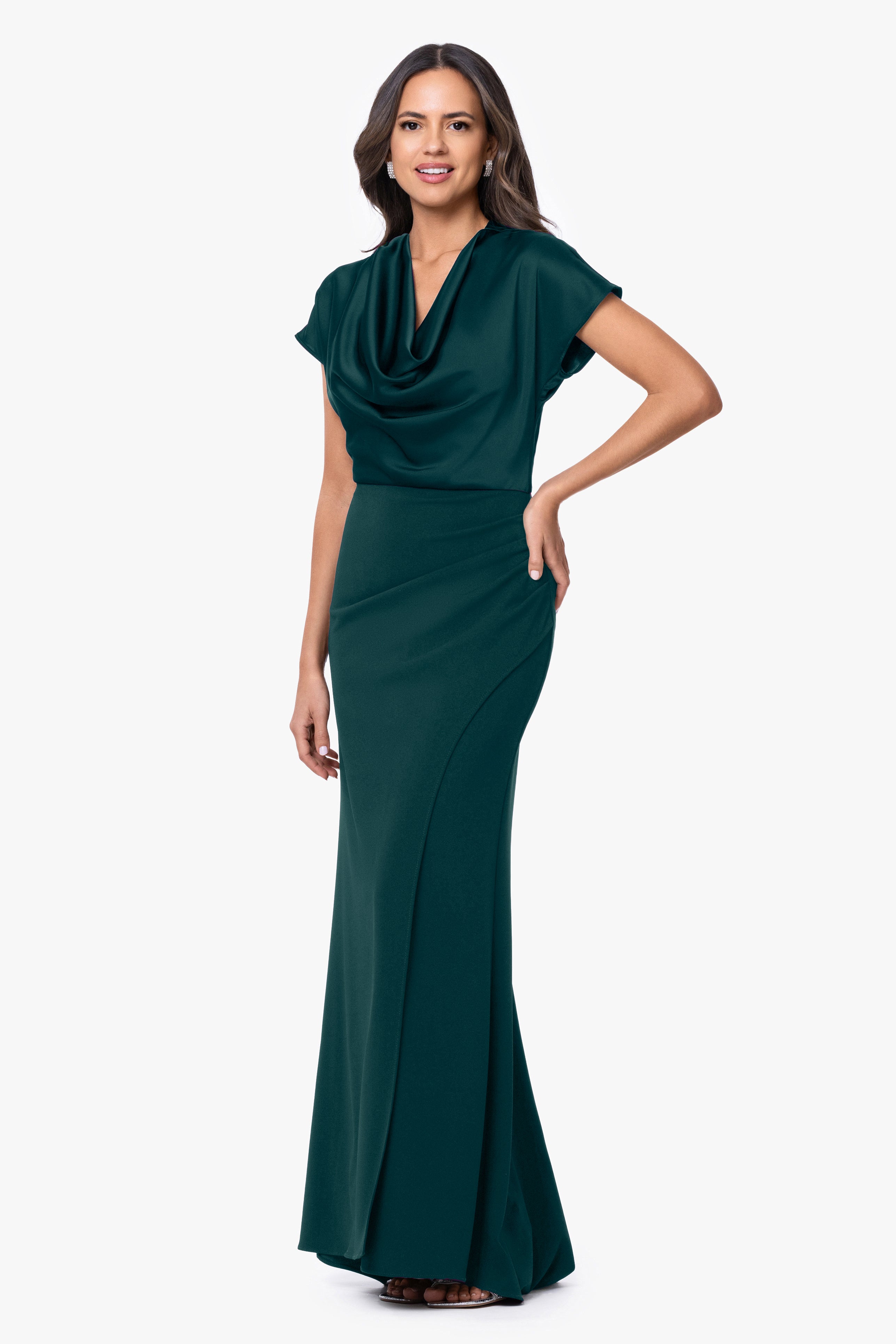 Petite "Rinna" Scuba Crepe and Satin Cowl Neck Floor Length Dress