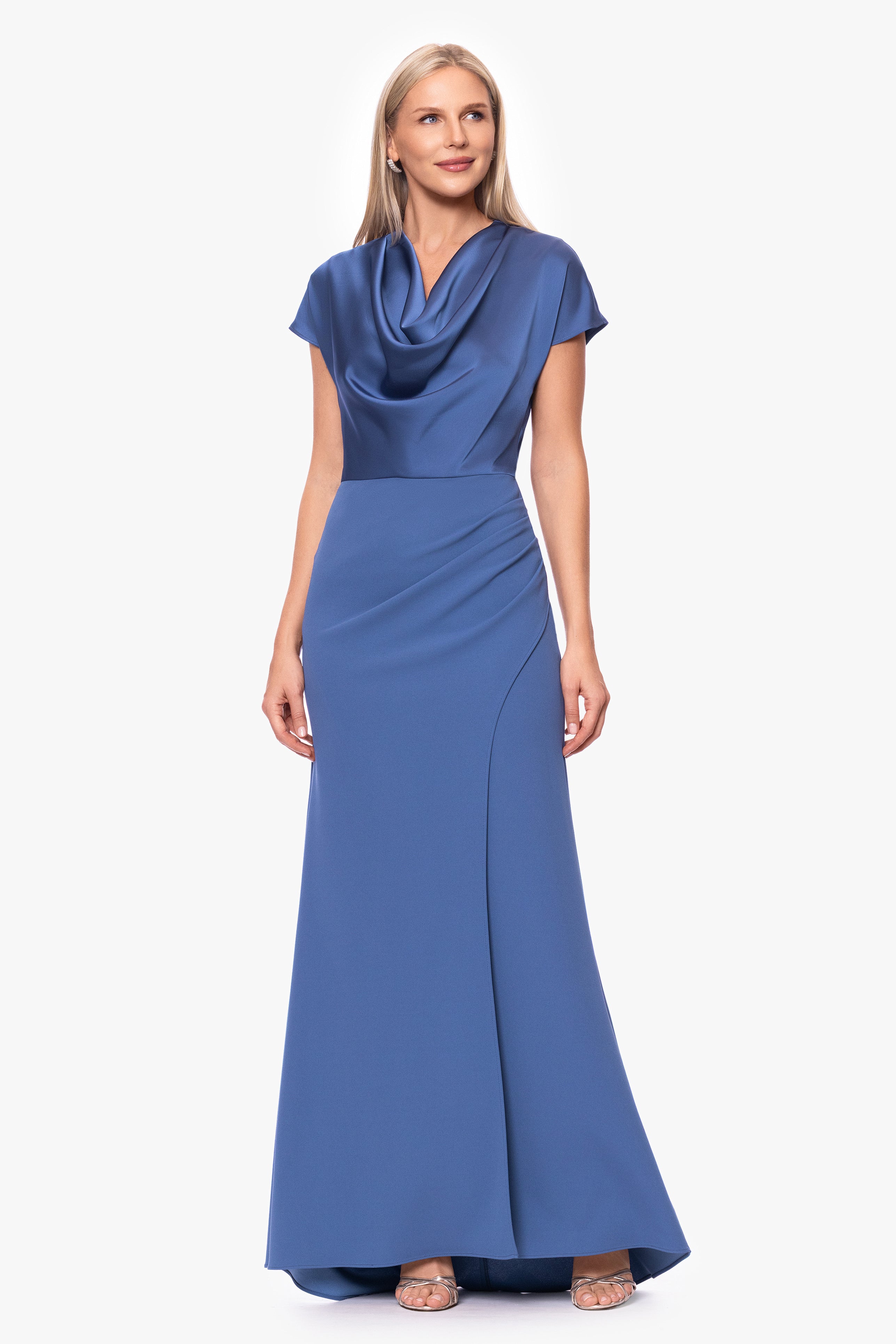 Petite "Rinna" Scuba Crepe and Satin Cowl Neck Floor Length Dress