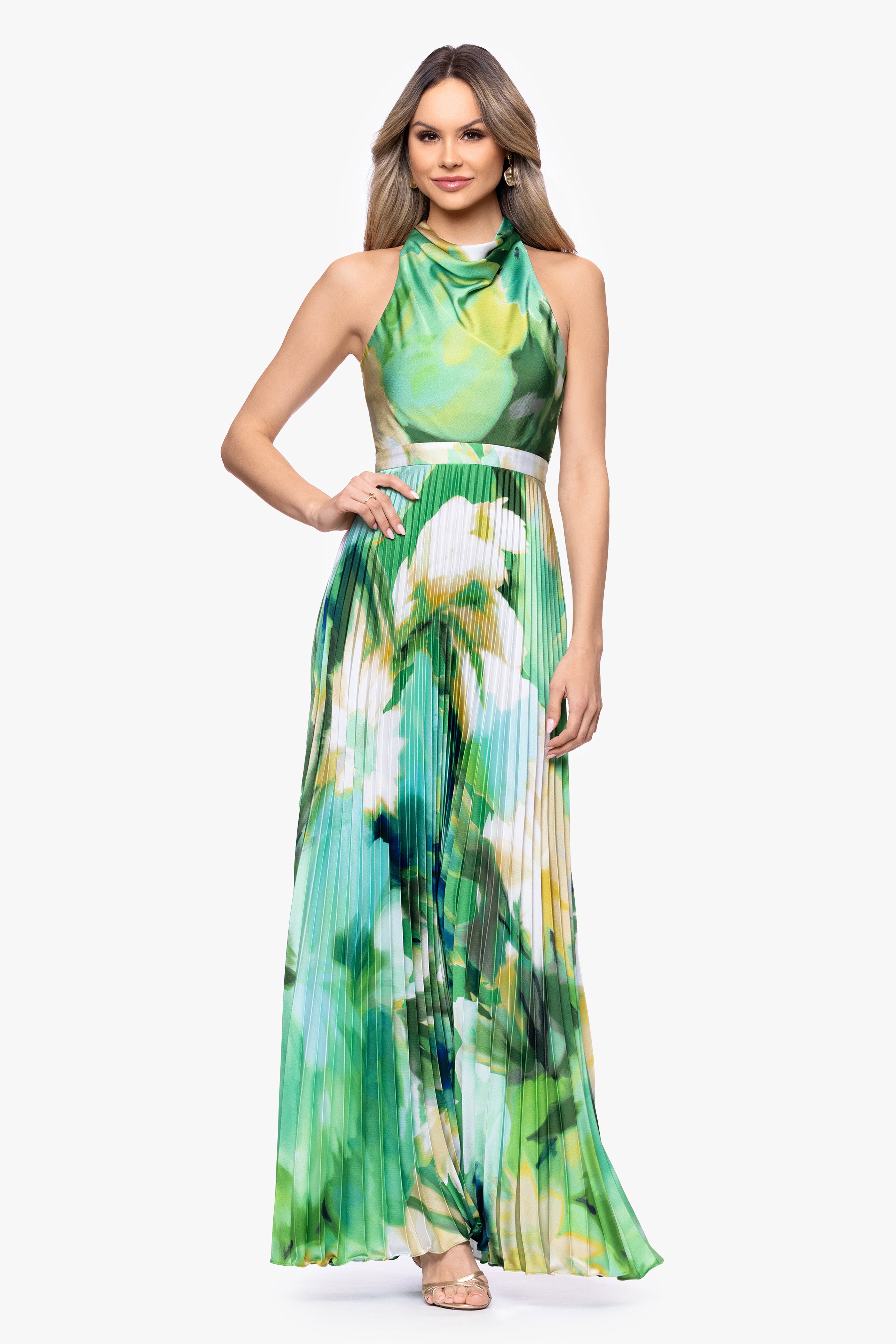 Petite "Brynn" Satin Cowl Neck Pleated Skirt Floor Length Dress