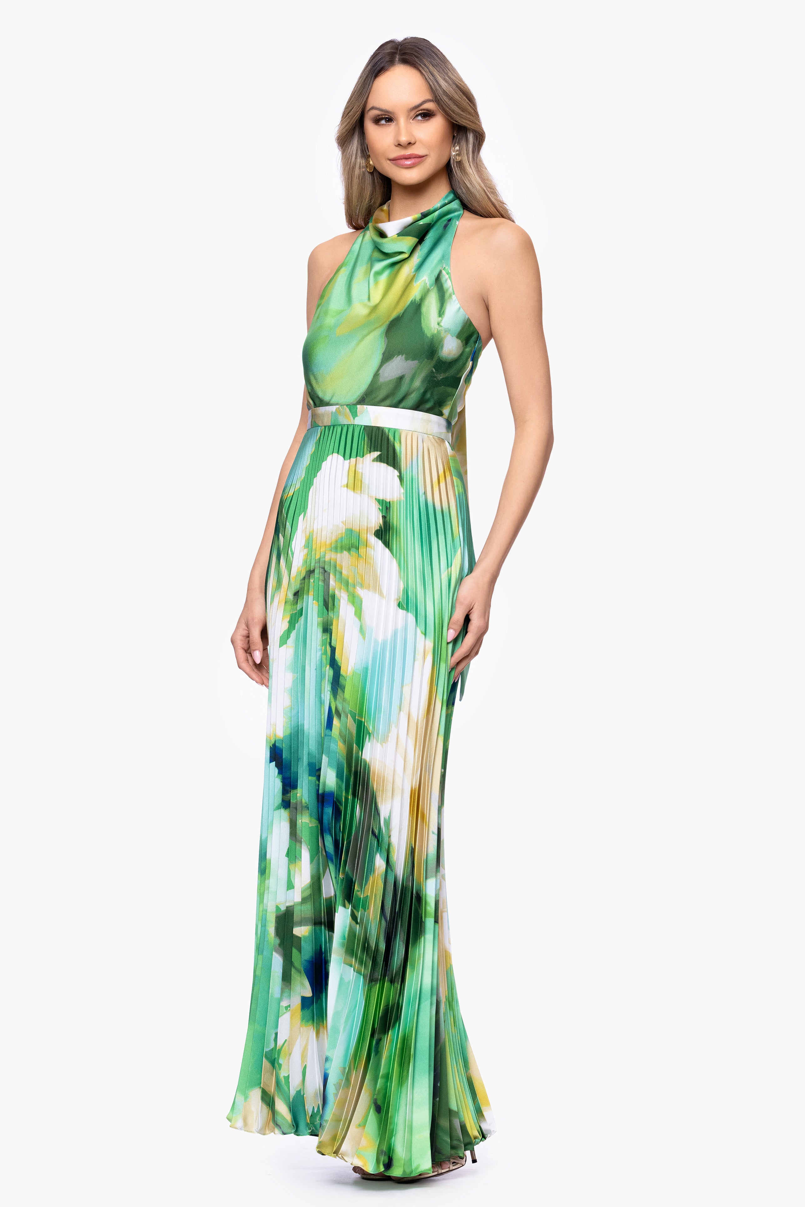 "Brynn" Petite Satin Cowl Neck Pleated Skirt Dress