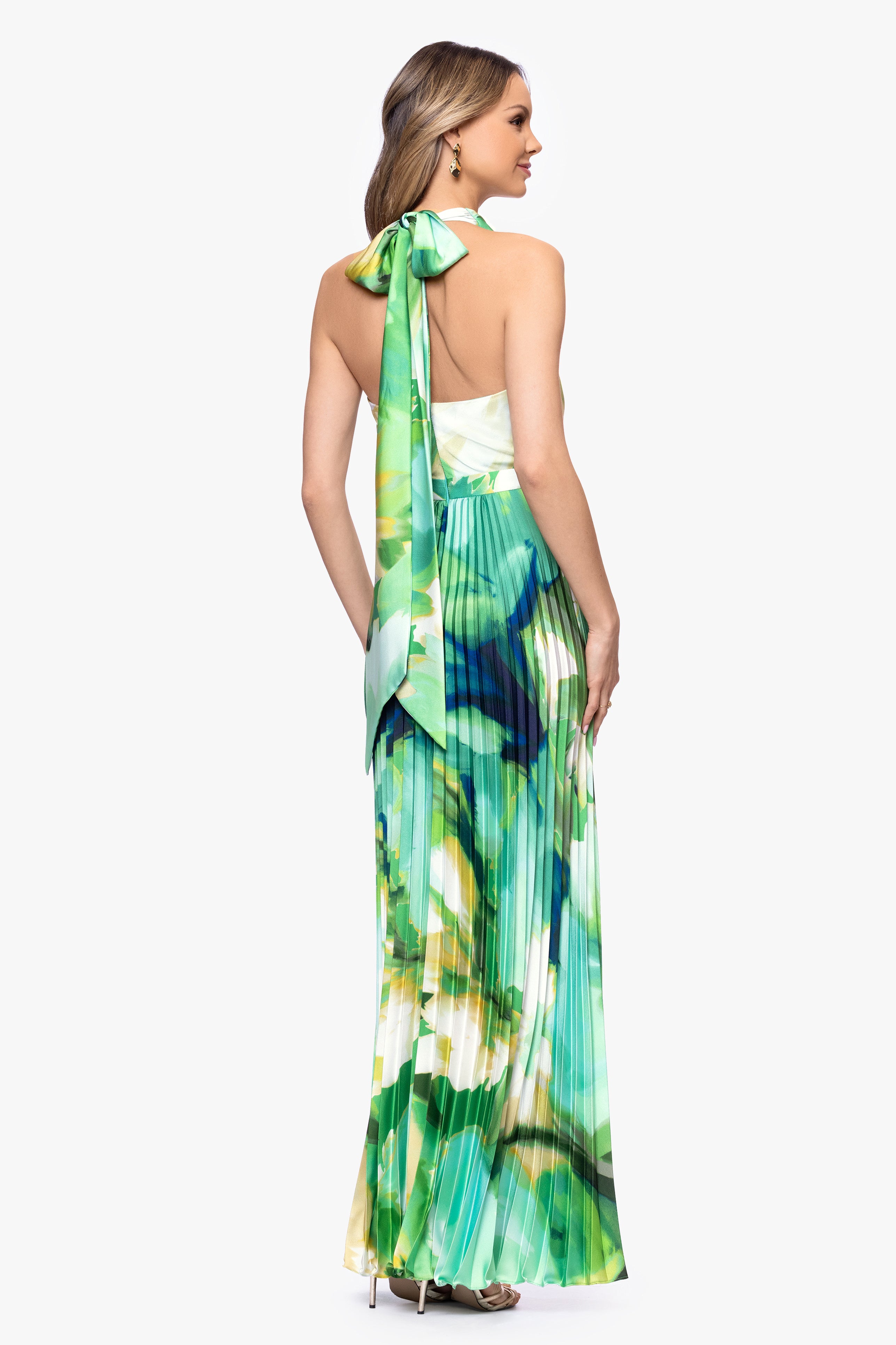 "Brynn" Petite Satin Cowl Neck Pleated Skirt Dress