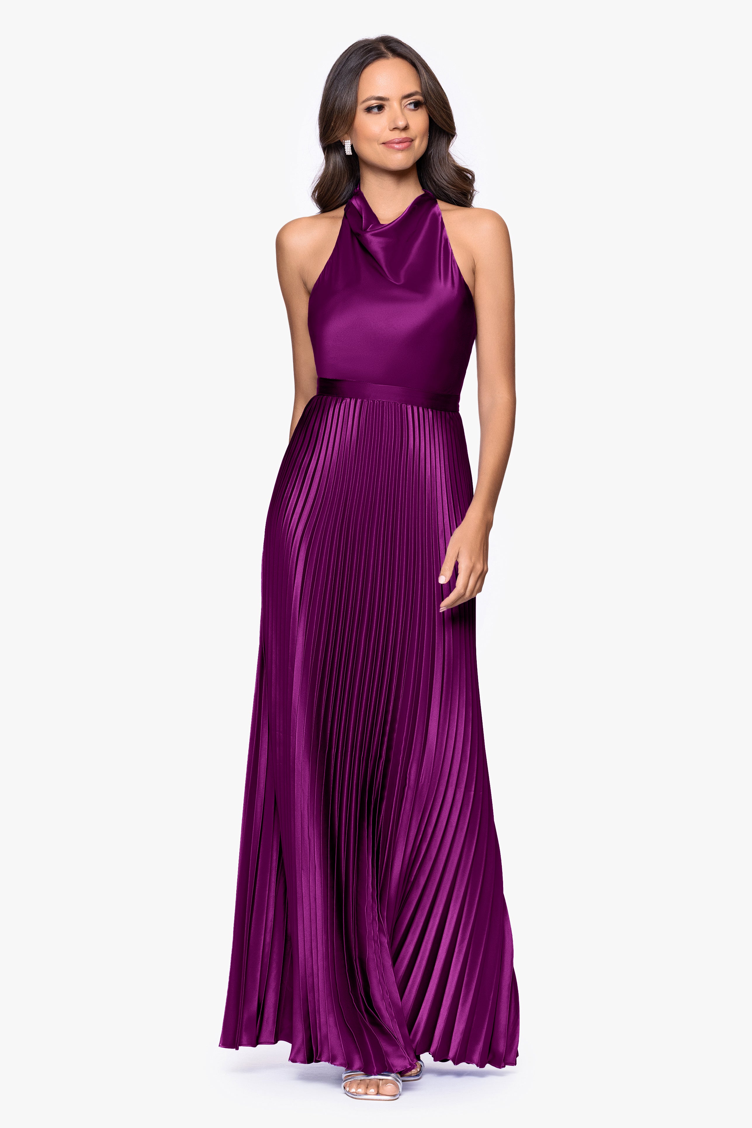"Claire" Satin Tie Neck Pleated Skirt Floor Length Dress