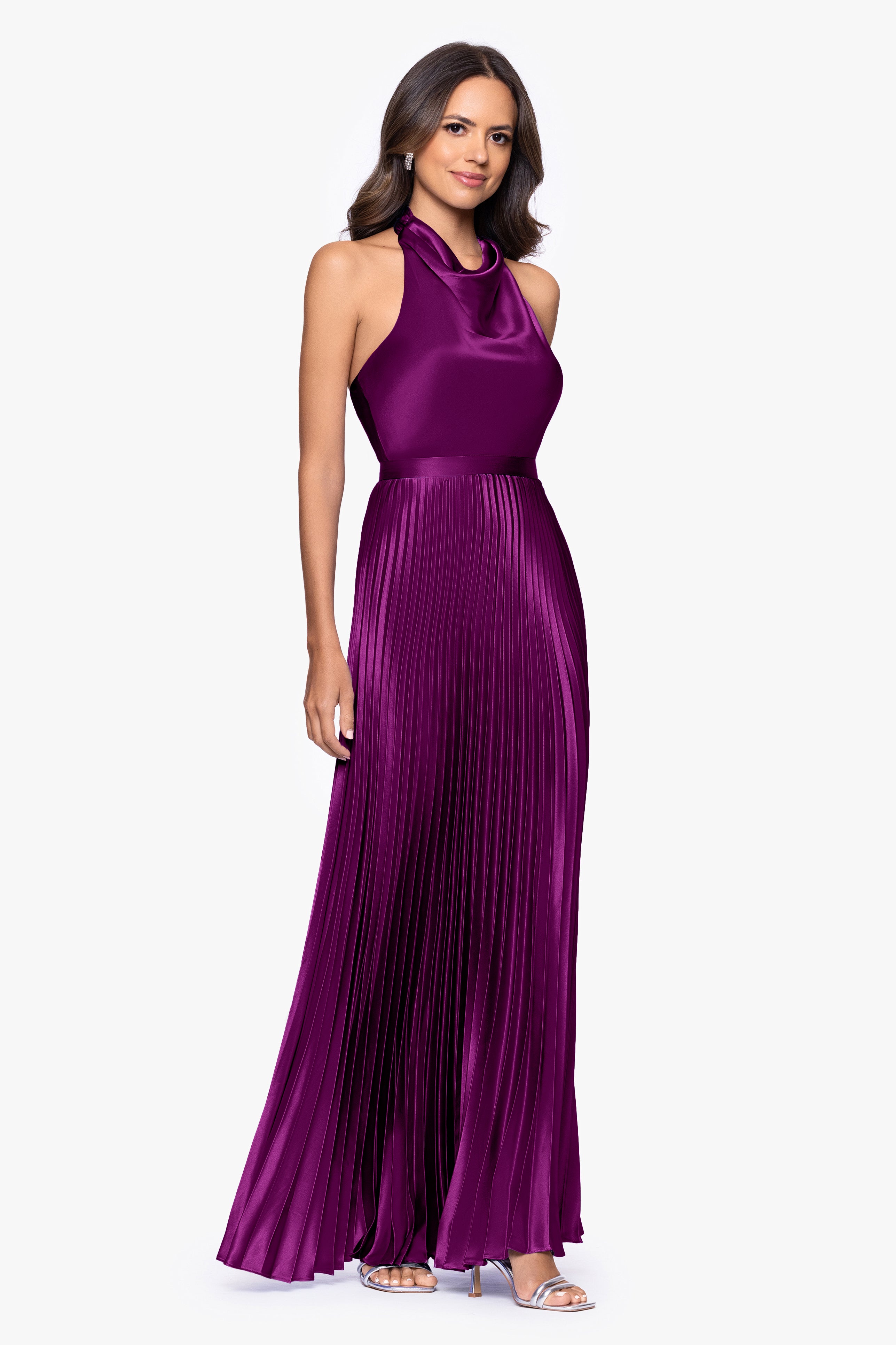 "Claire" Satin Tie Neck Pleated Skirt Floor Length Dress