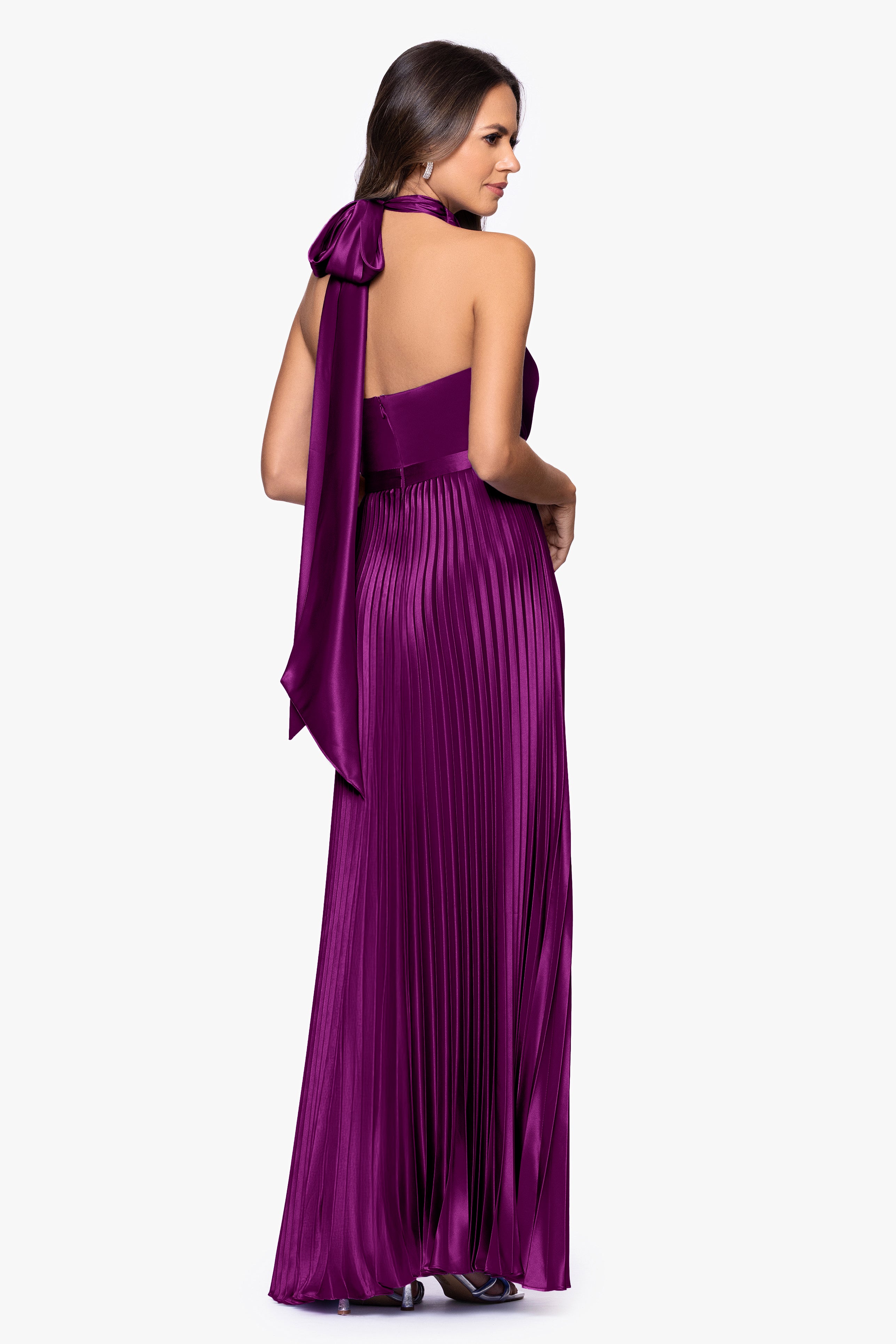 "Claire" Satin Tie Neck Pleated Skirt Floor Length Dress