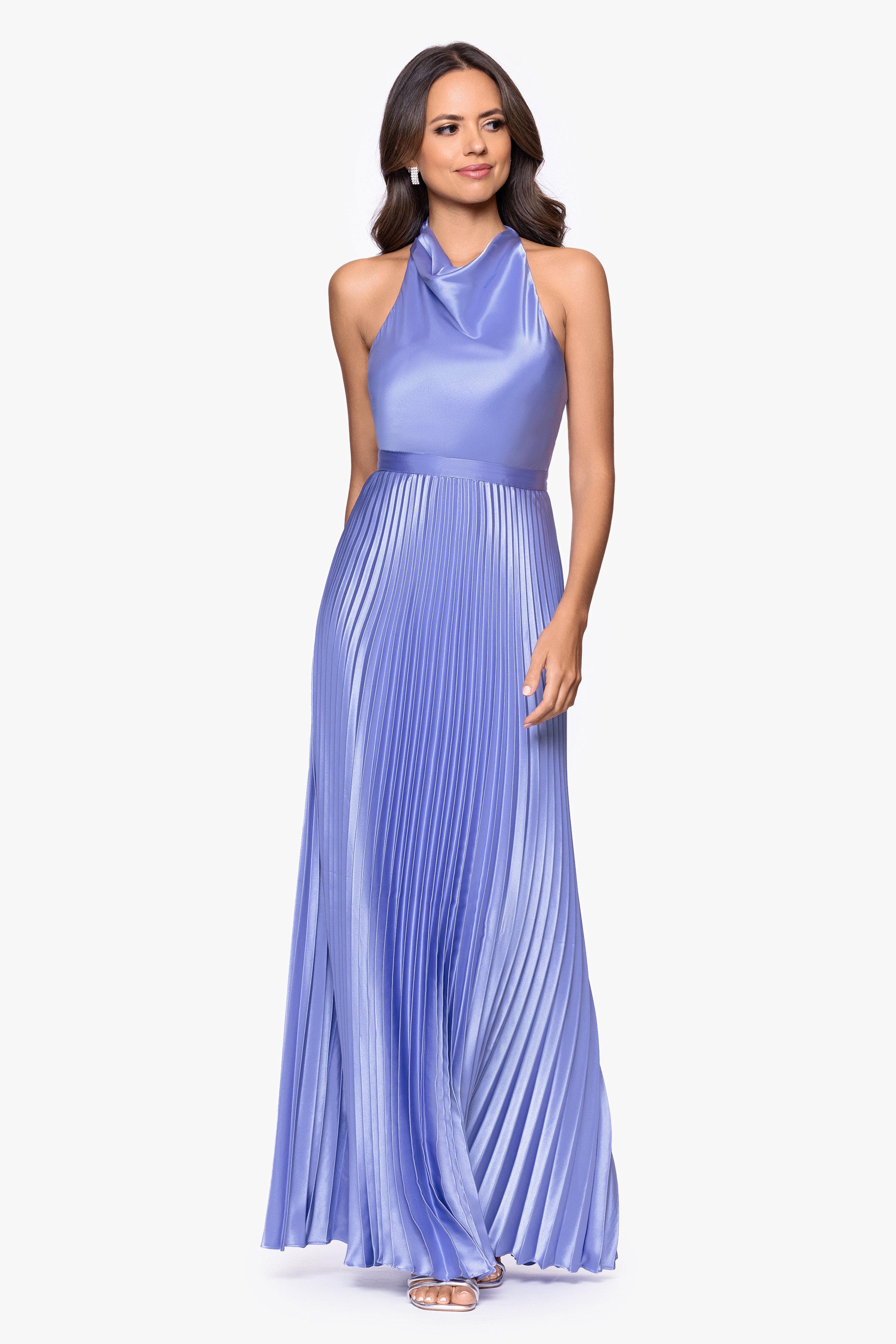 "Claire" Satin Tie Neck Pleated Skirt Floor Length Dress