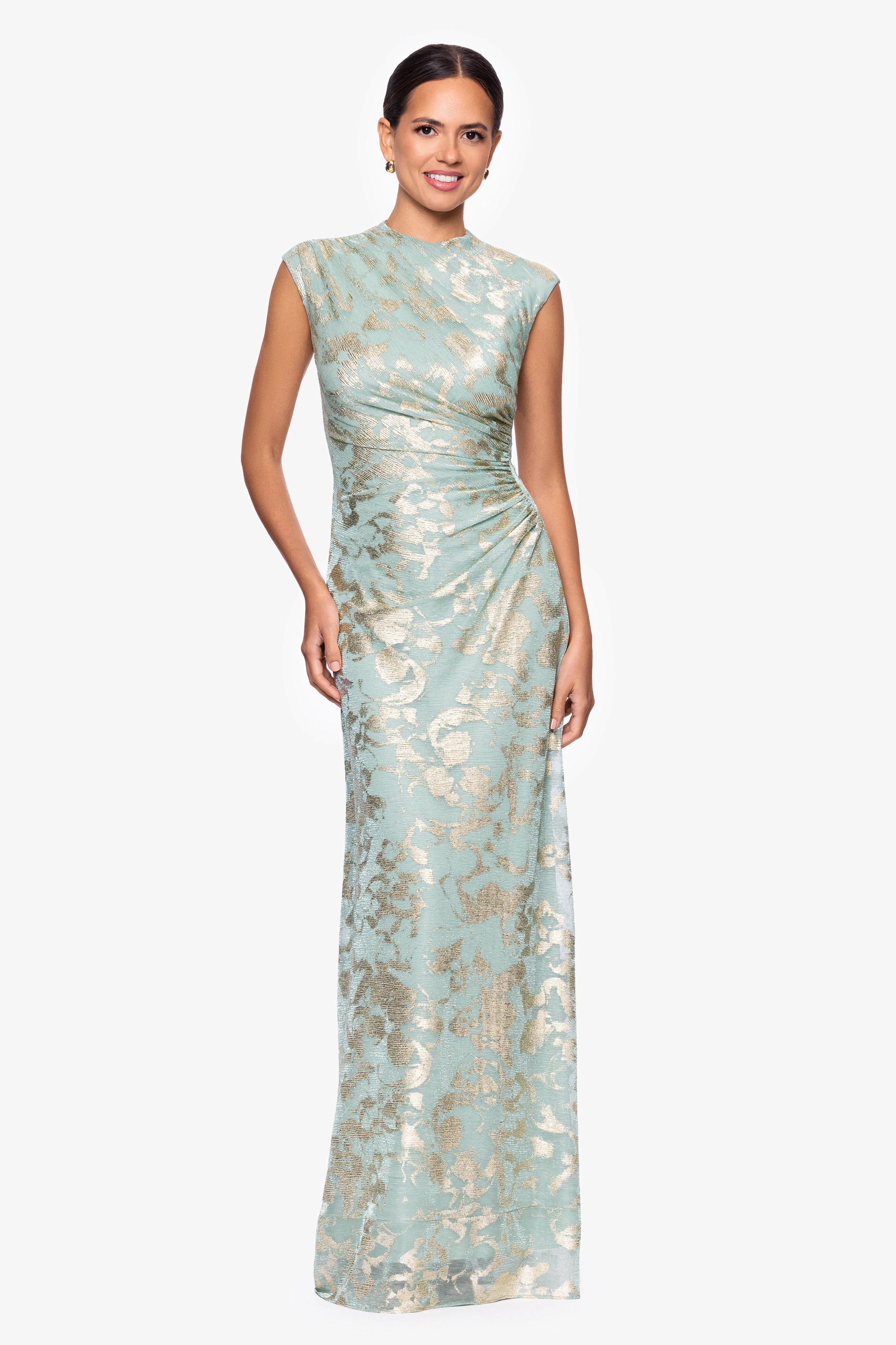 Petite "Cory" Metallic Print Rouched Floor Length Dress