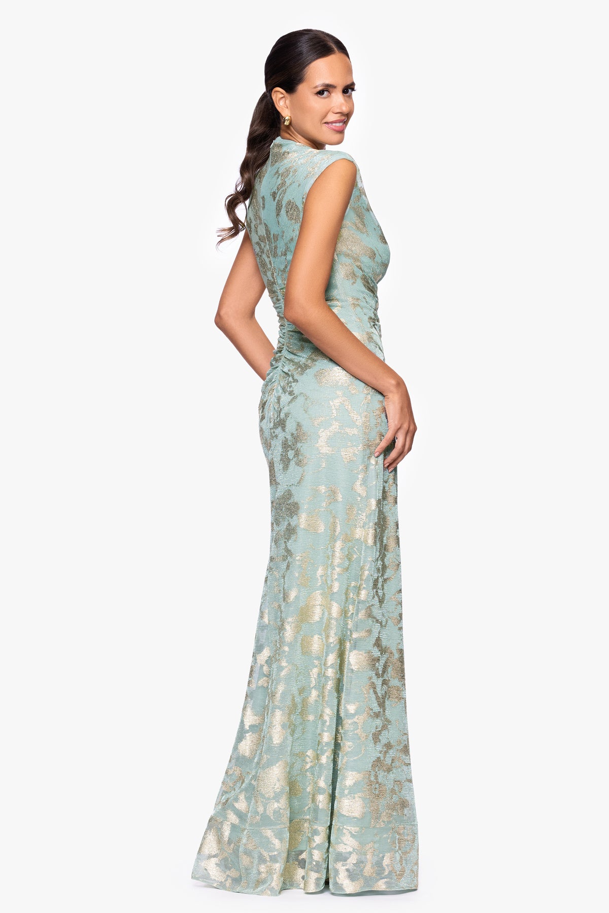 "Cory" Metallic Print Ruched Dress
