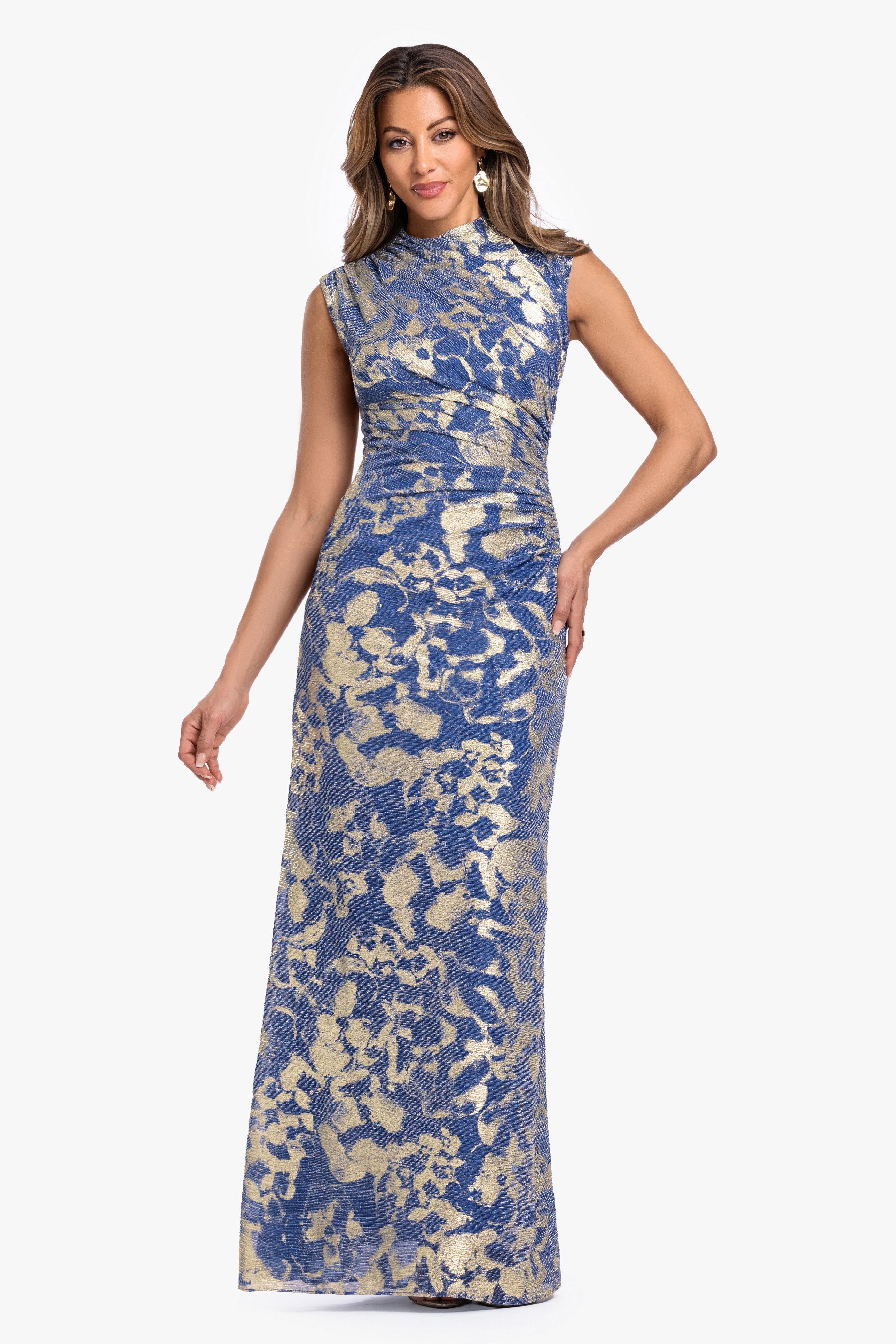 Petite "Cory" Metallic Print Ruched Dress