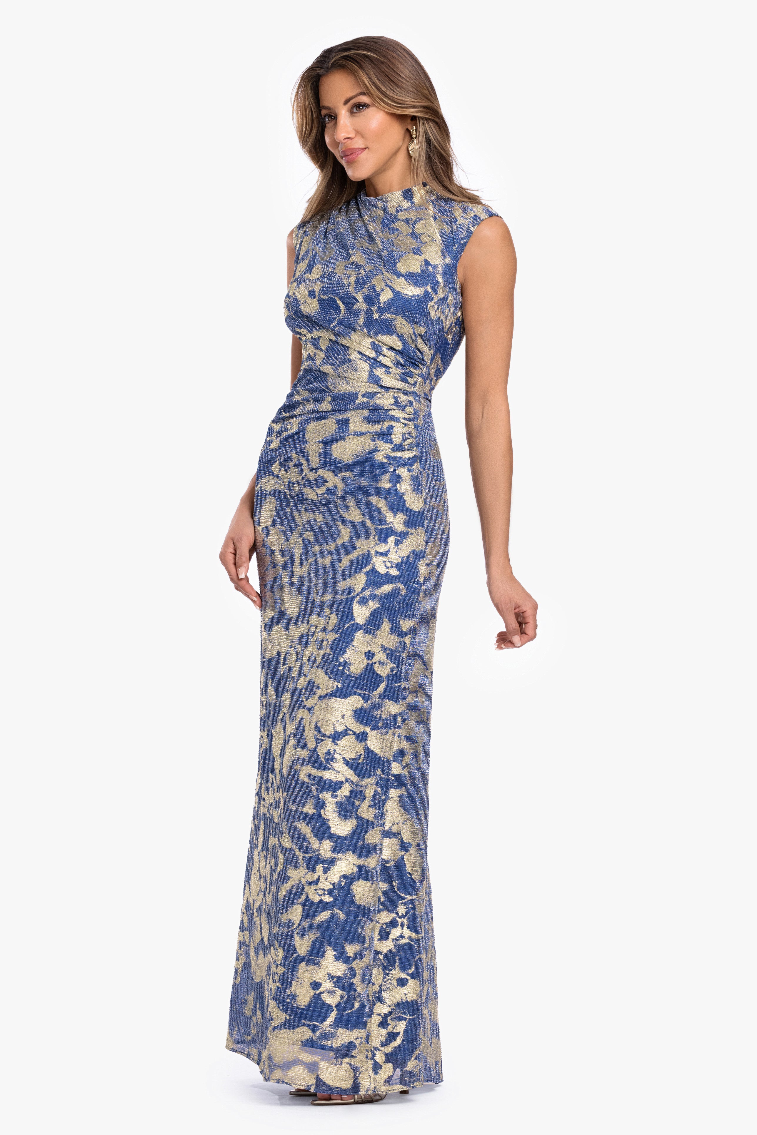 Petite Cory Metallic Print Ruched Dress in slate and gold, angled three-quarter view