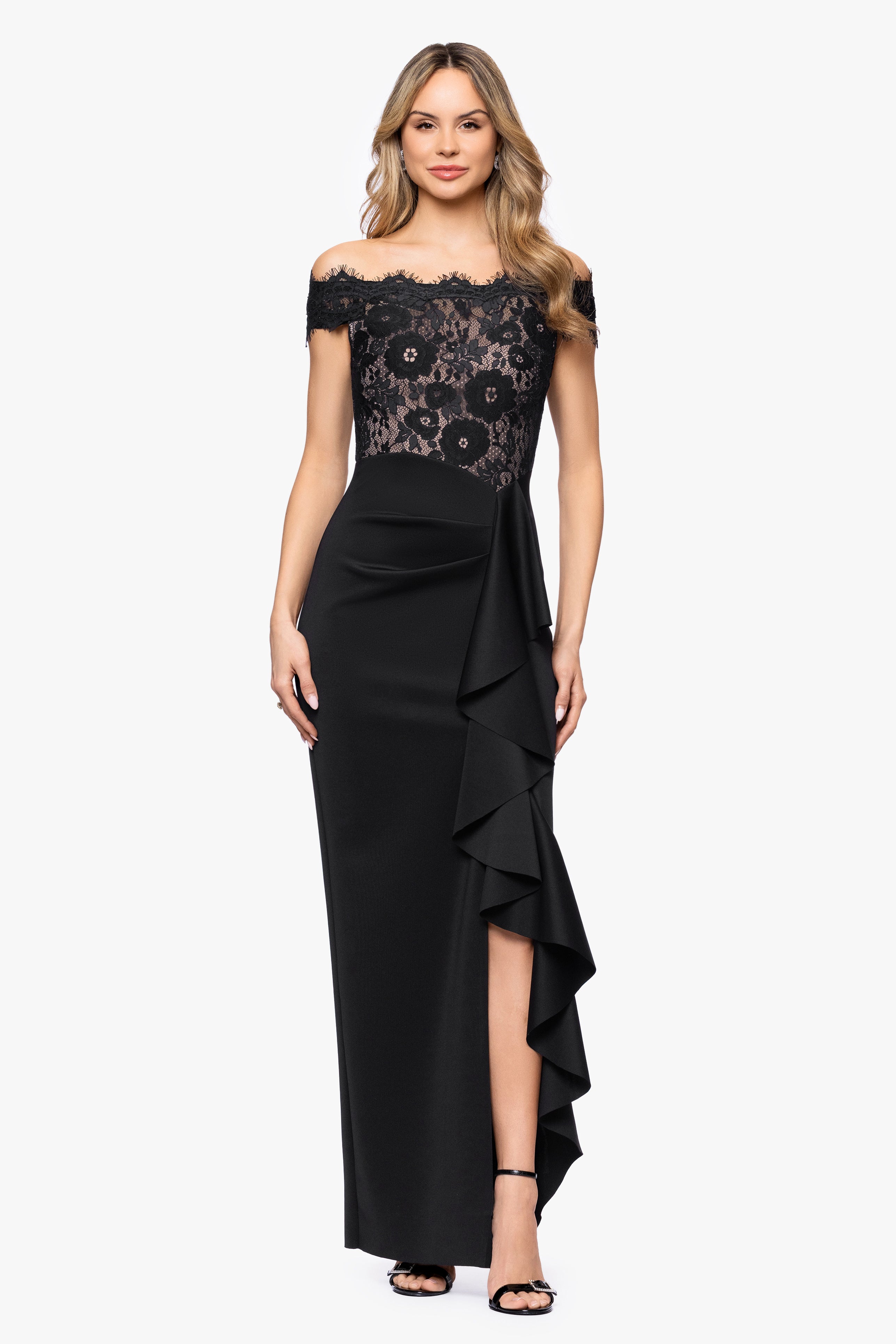 Petite "Alexia" Techno Scuba and Soutache Floor Length Dress