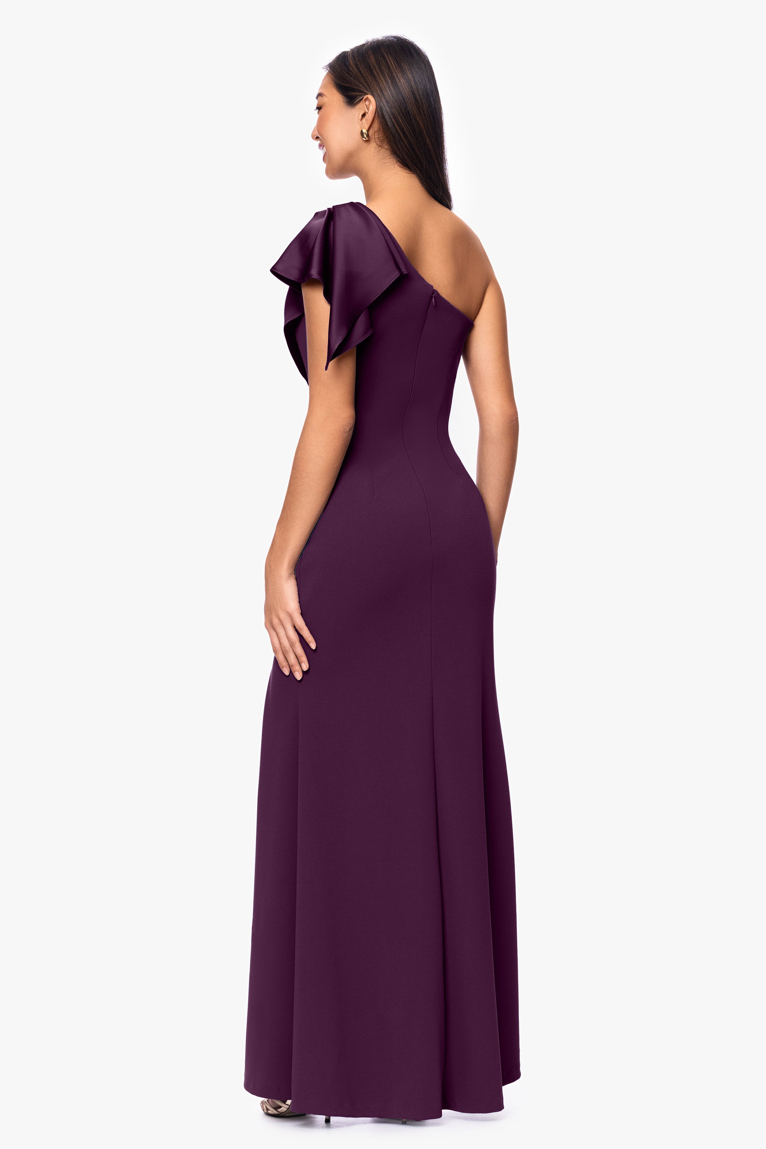"Jules" Scuba Crepe and Satin One Shoulder Floor Length Dress
