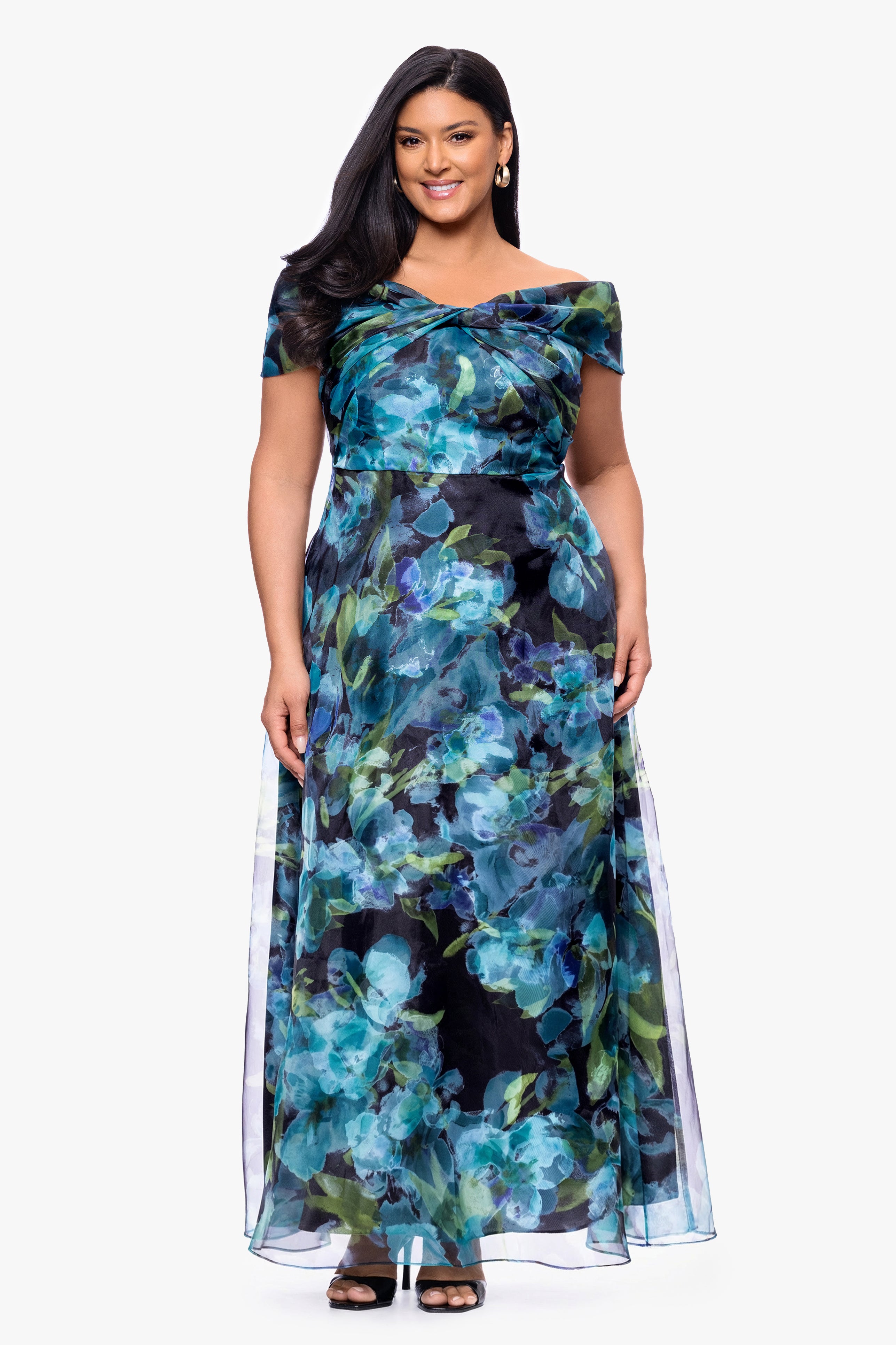 Plus "Tiffany" Organza Printed Off The Shoulder Floor Length Dress