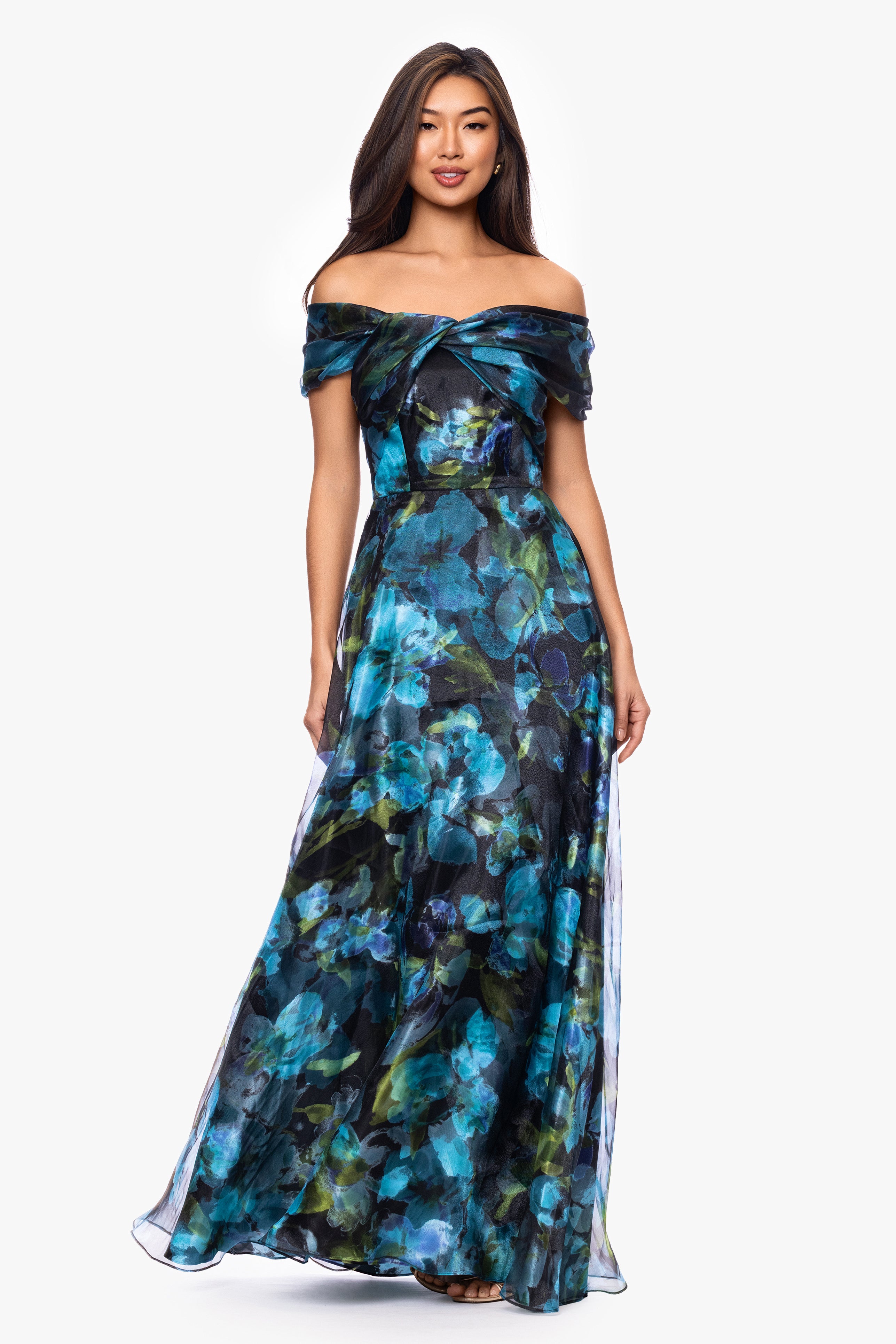Petite "Tiffany" Organza Printed Off The Shoulder Floor Length Dress