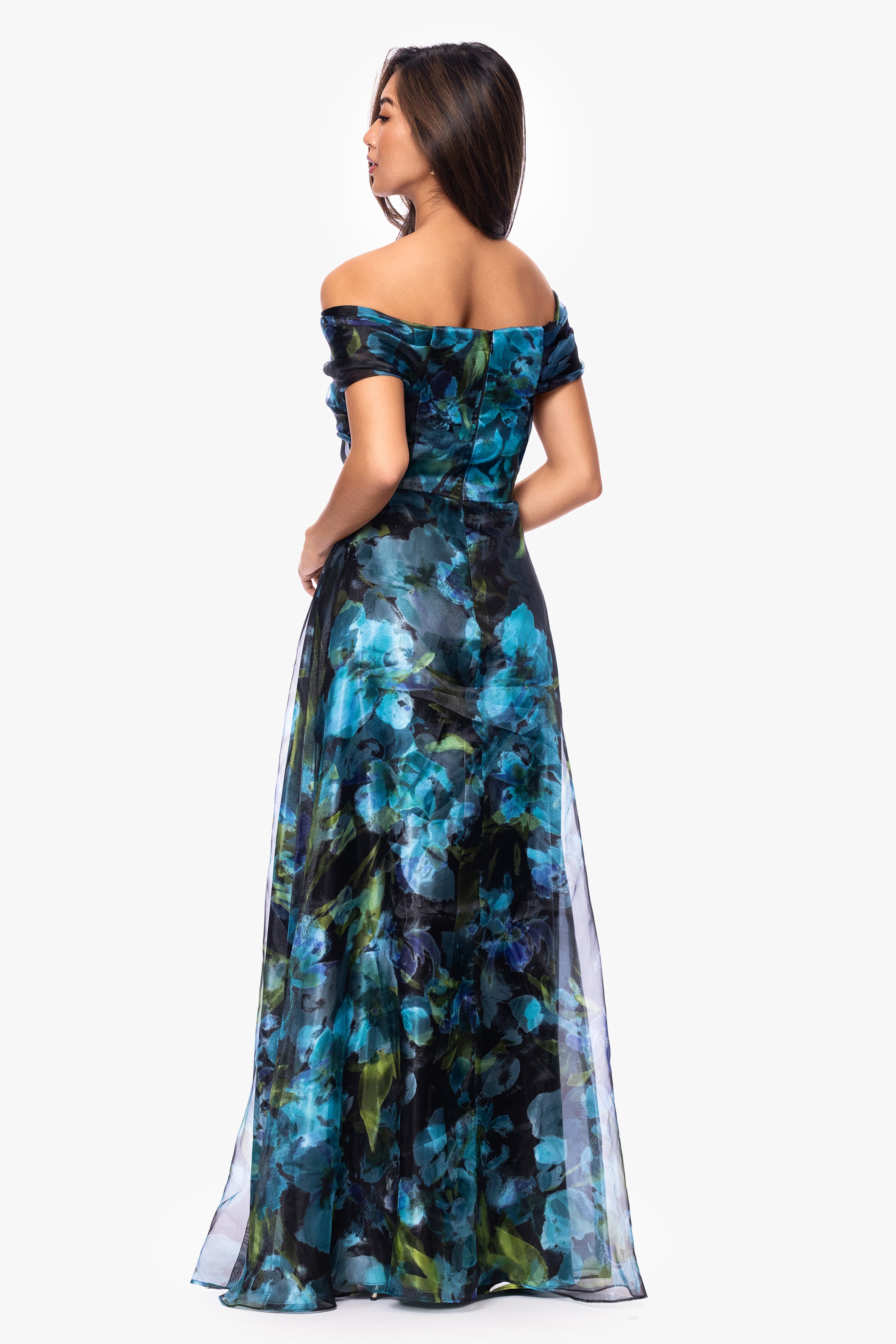 Petite "Tiffany" Organza Printed Off The Shoulder Floor Length Dress