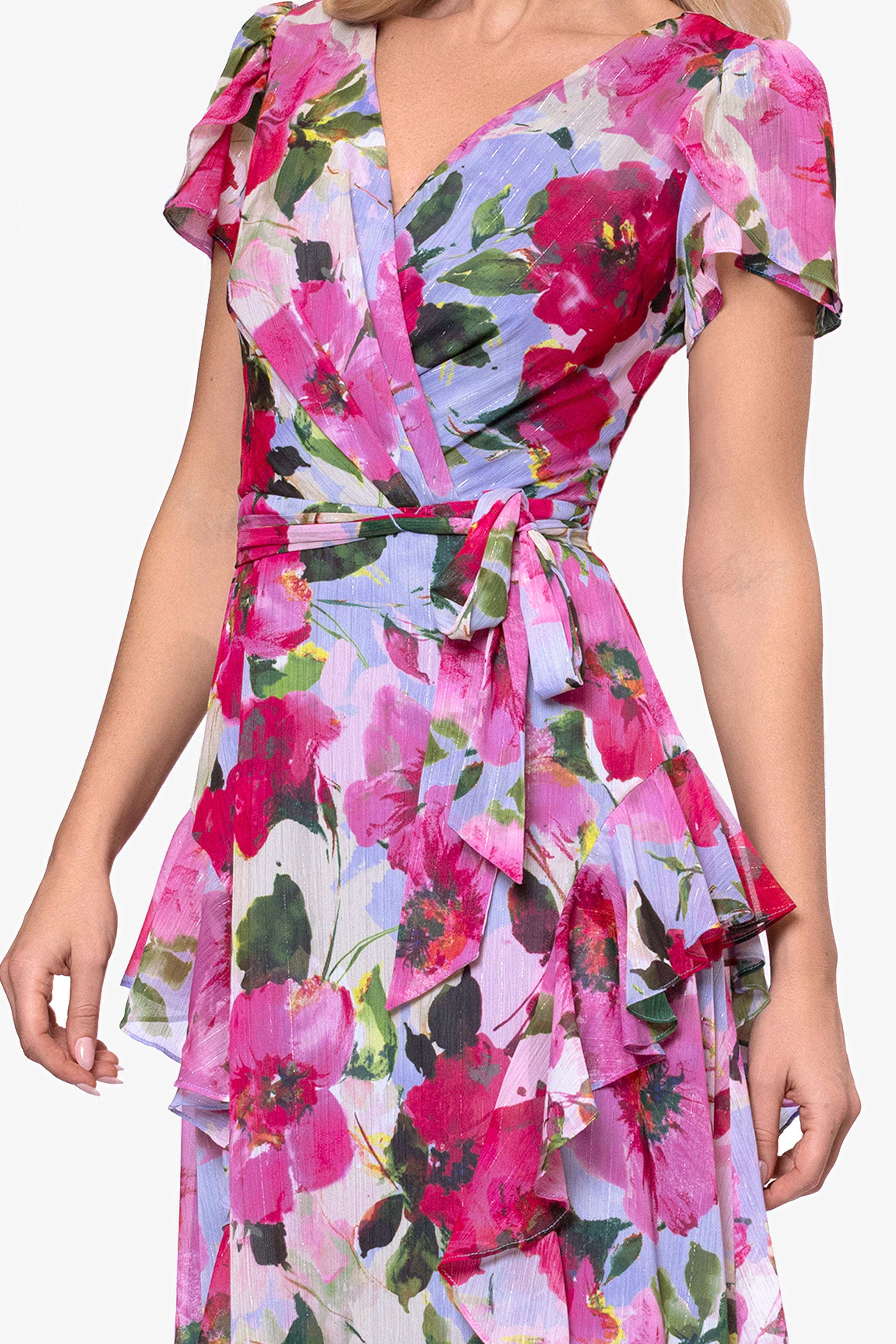 Petite "Margot" Chiffon Print Ruffle Wrap Floor Length Dress