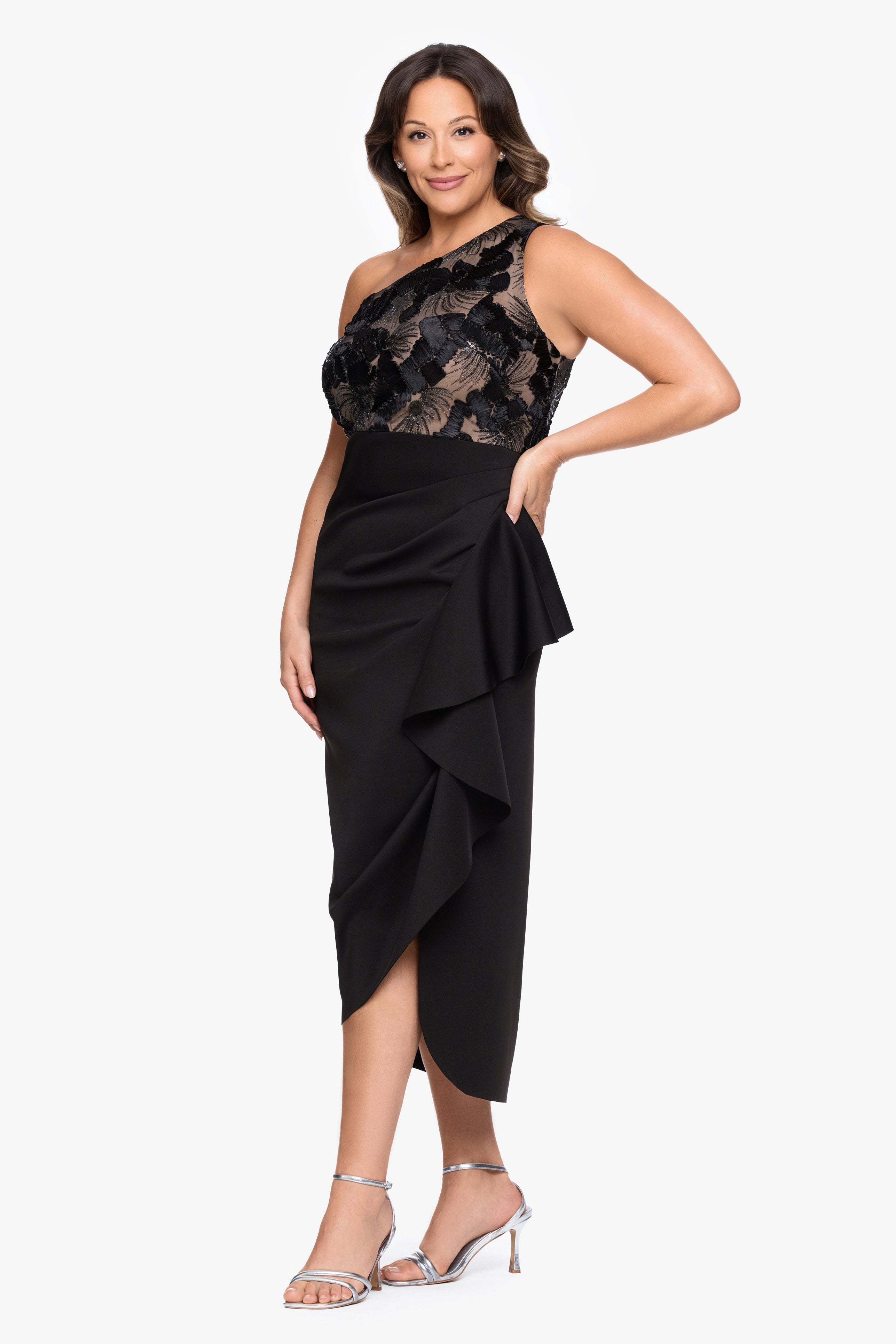 "Dahlia" Plus Soutache & Scuba One Shoulder Ruffle Skirt Midi