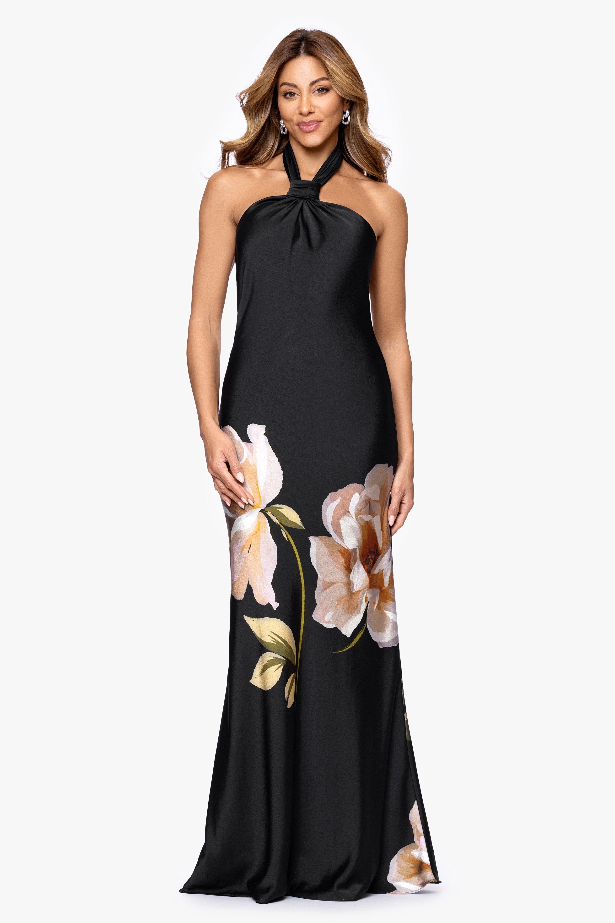 "Nyla" Satin Printed Knot Neck Floor Length Dress
