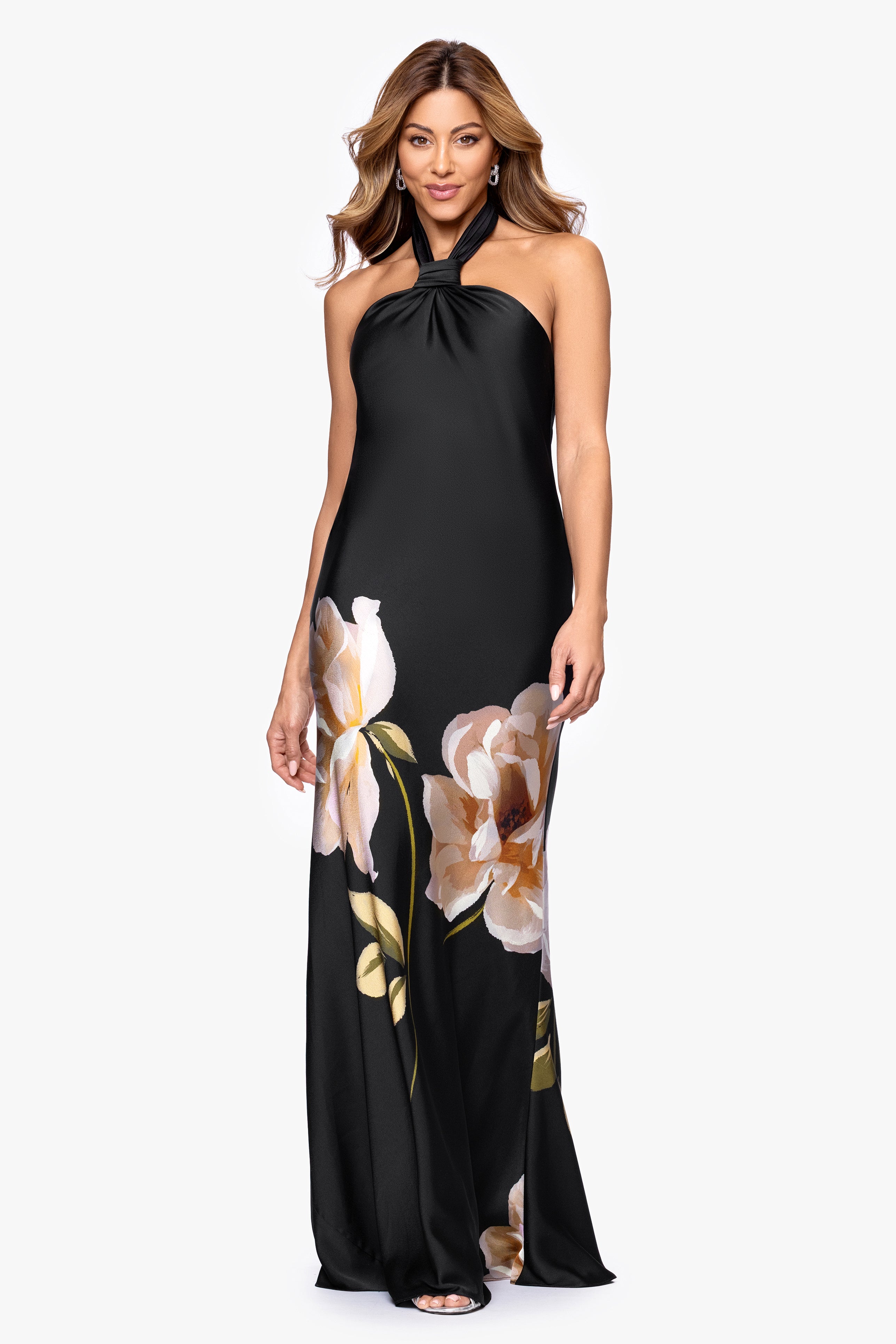 Petite "Nyla" Satin Printed Knot Neck Floor Length Dress