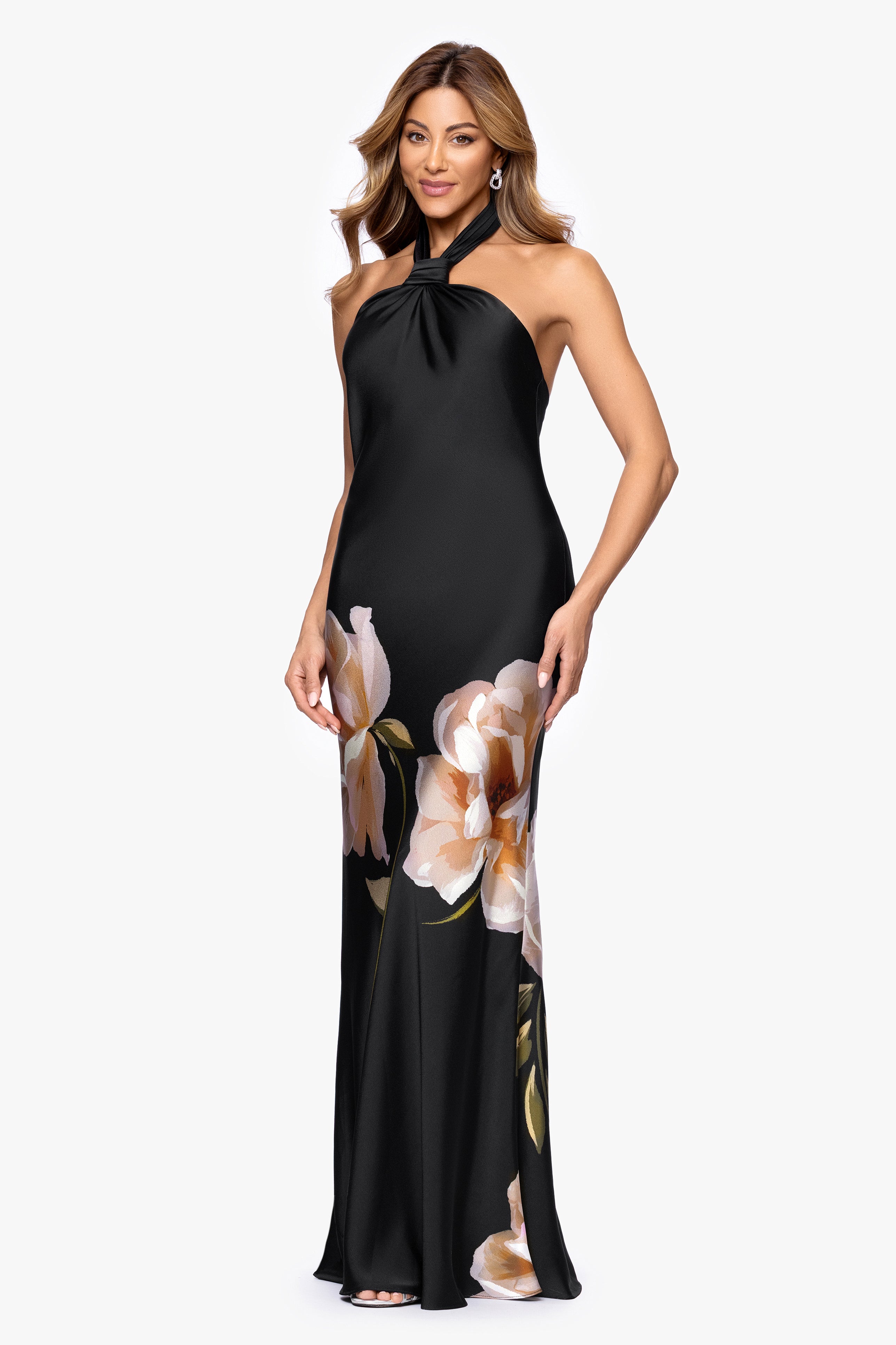 Petite "Nyla" Satin Printed Knot Neck Floor Length Dress