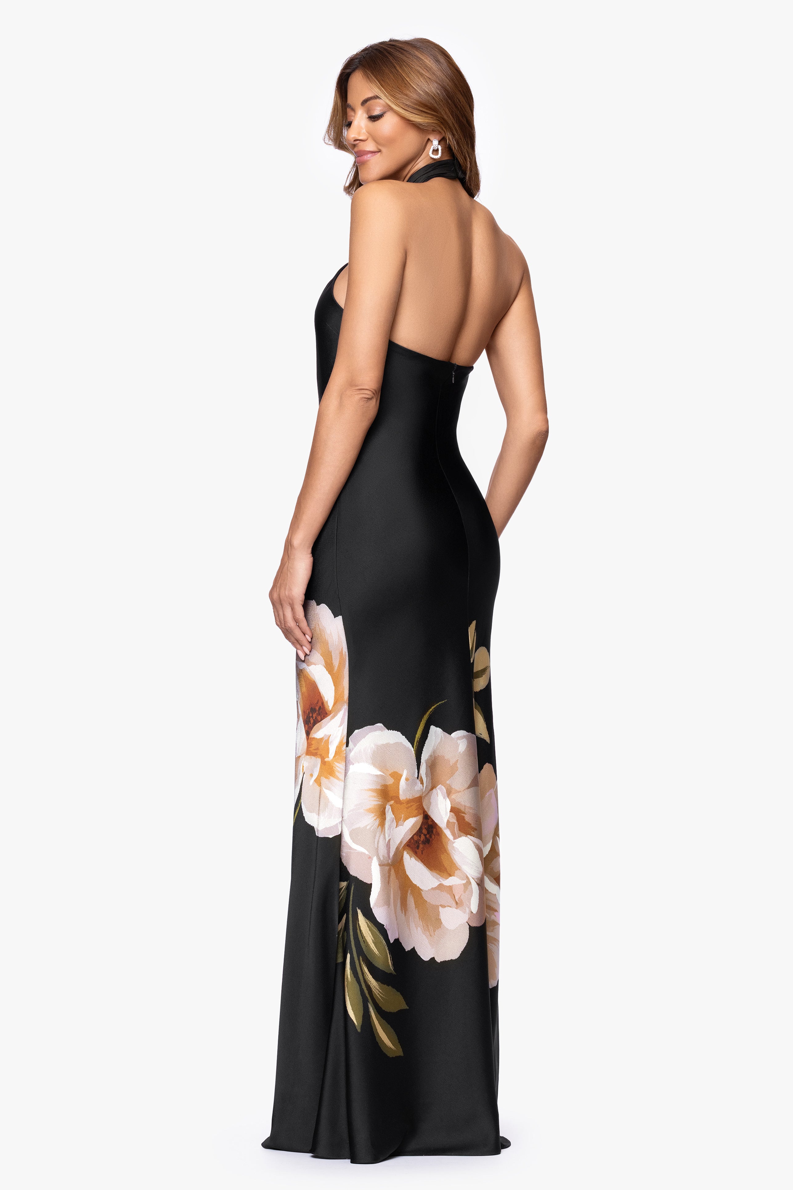 Petite "Nyla" Satin Printed Knot Neck Floor Length Dress