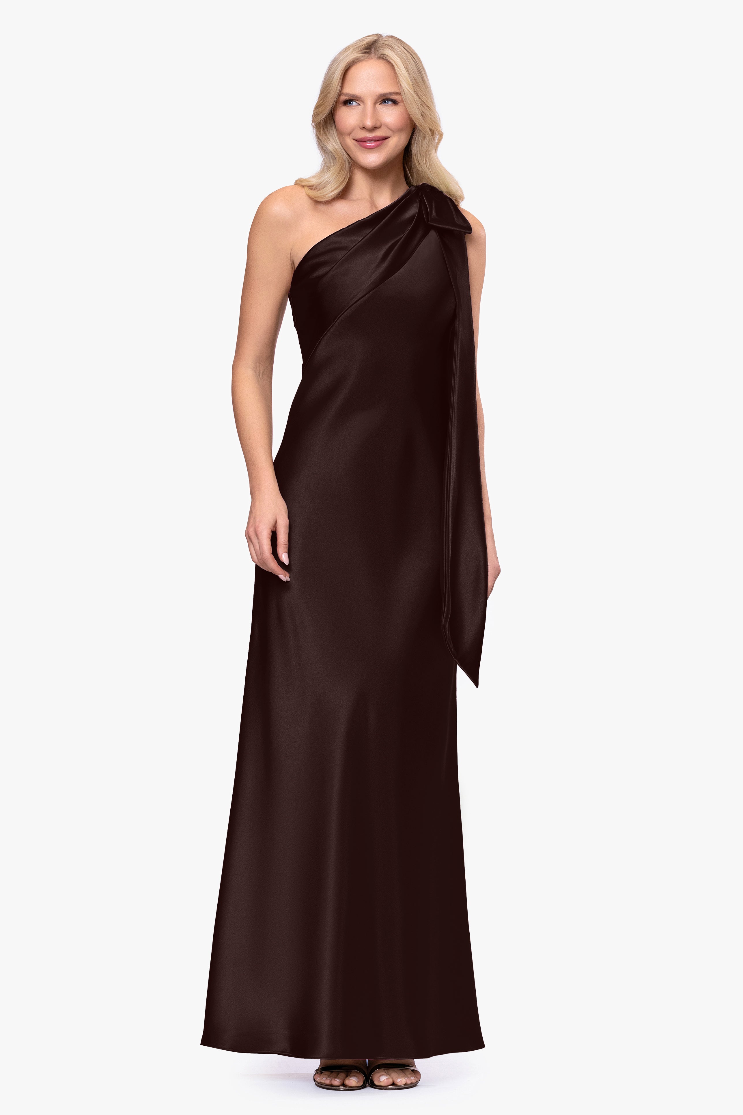 Petite "Dove" Satin One Shoulder Bow Dress