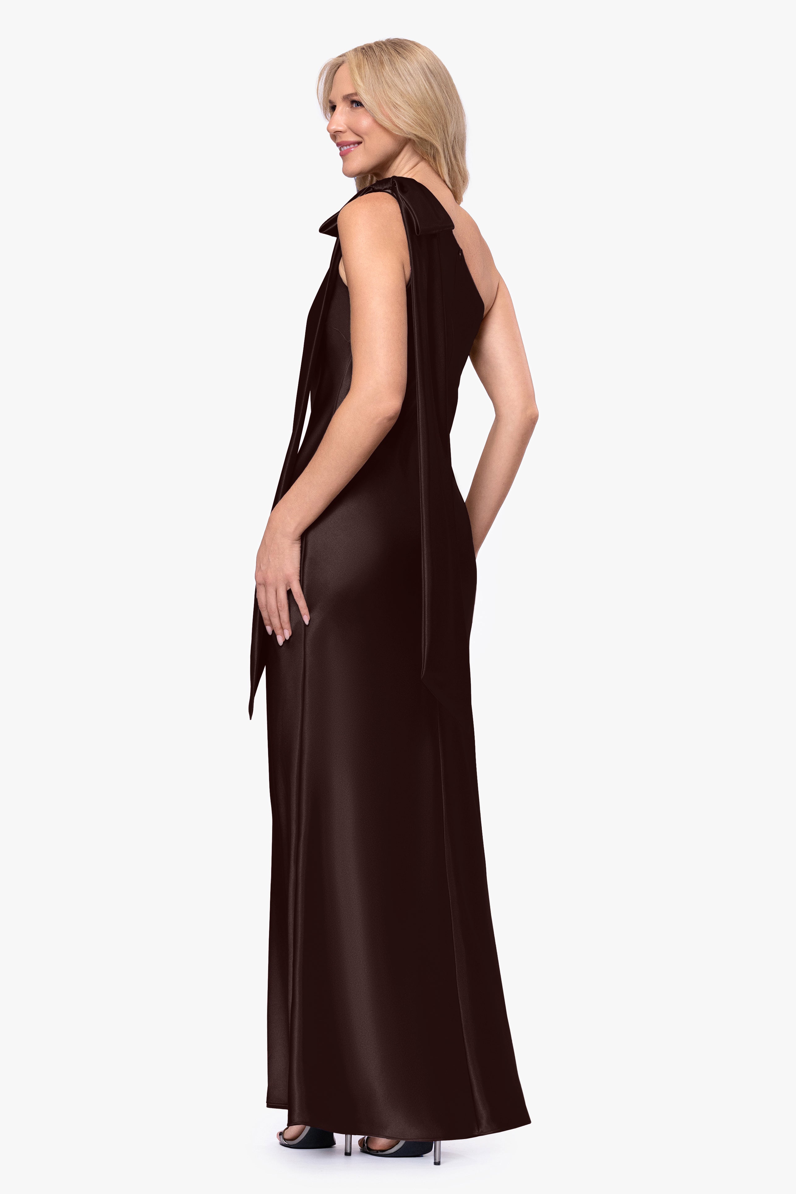 Petite "Dove" Satin One Shoulder Bow Dress