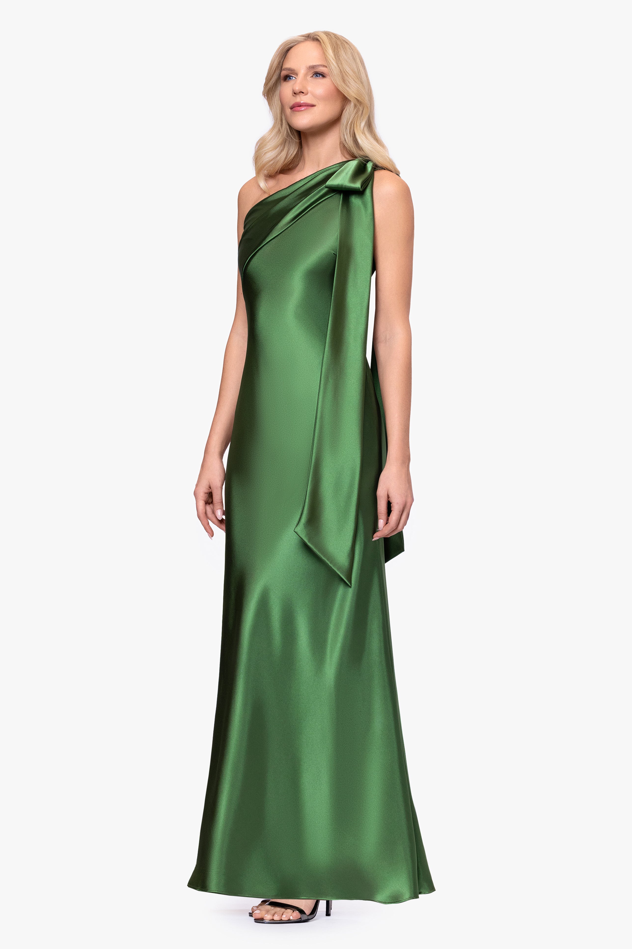 "Dove" Satin One-Shoulder Bow Long Dress