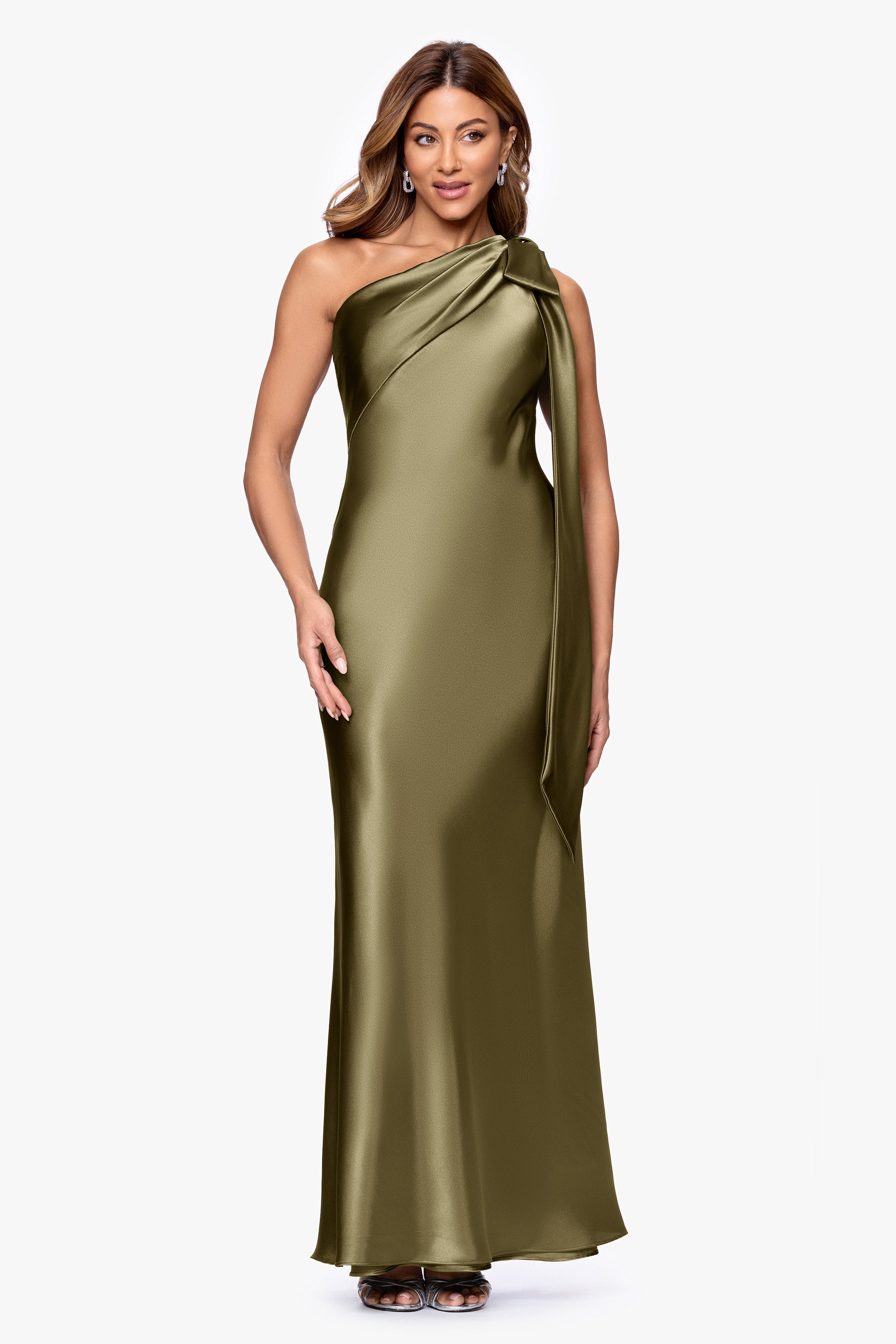 Petite "Dove" Satin One Shoulder Bow Dress