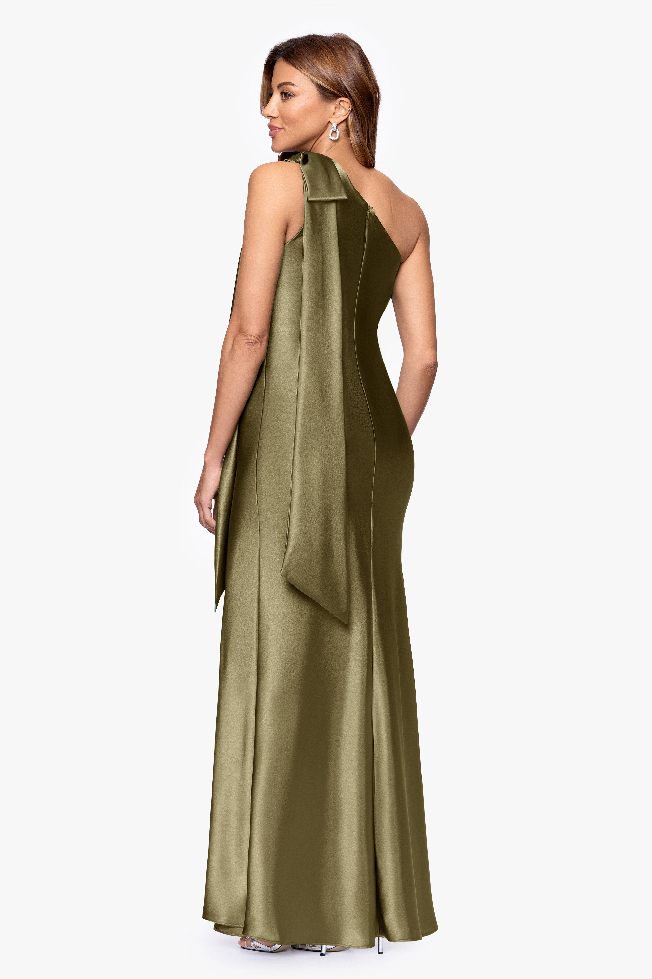 Petite "Dove" Satin One Shoulder Bow Dress