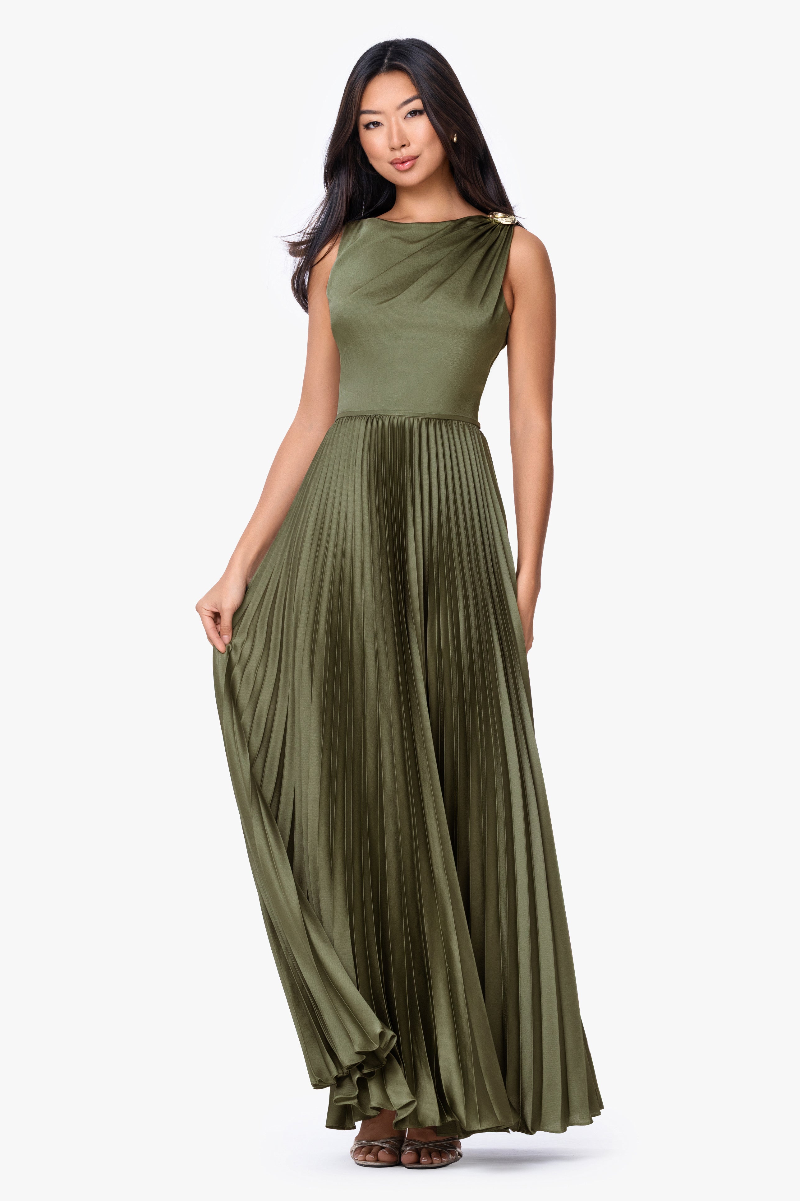 "Brielle" Satin Pleated Trim Dress