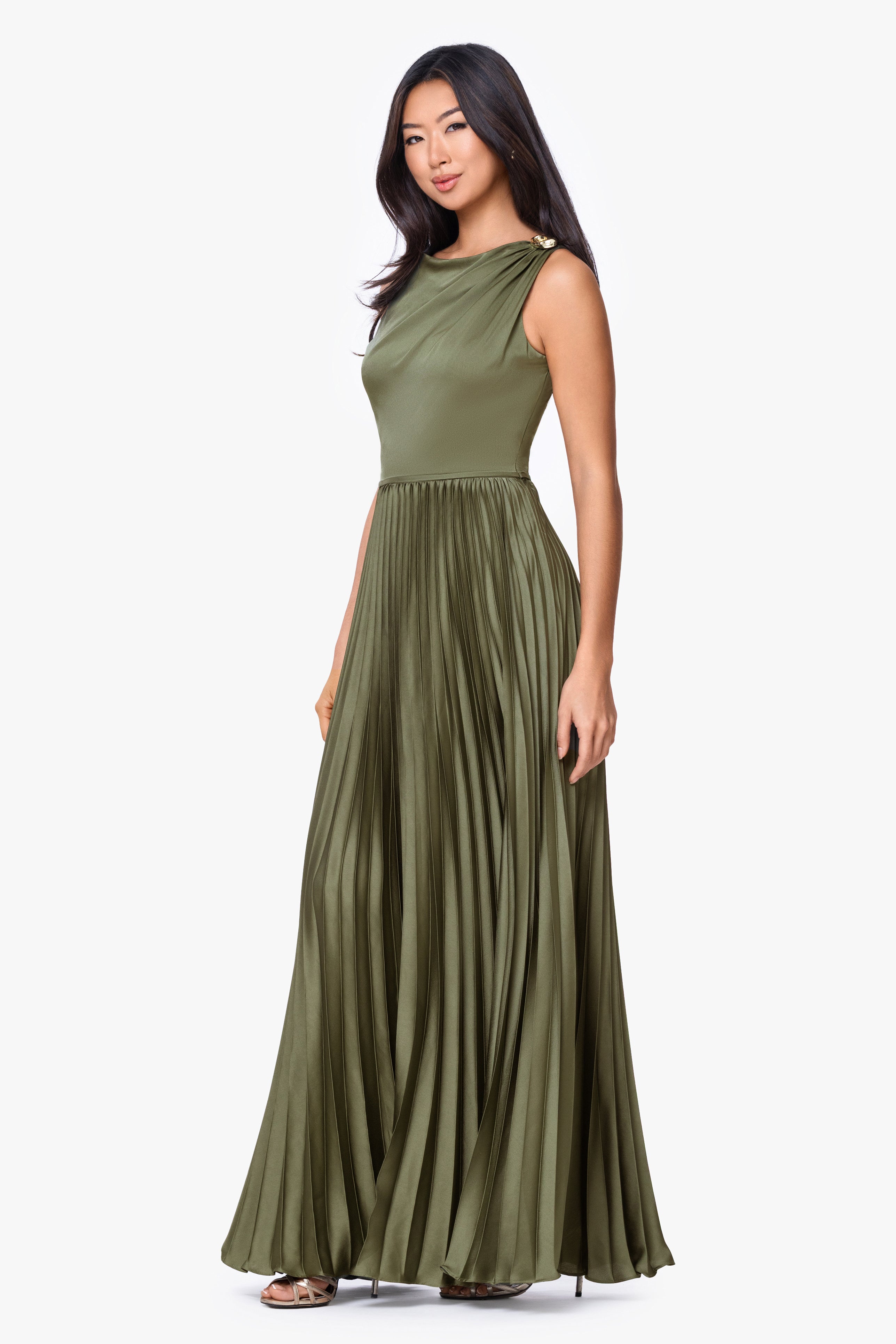 "Brielle" Satin Pleated Trim Dress
