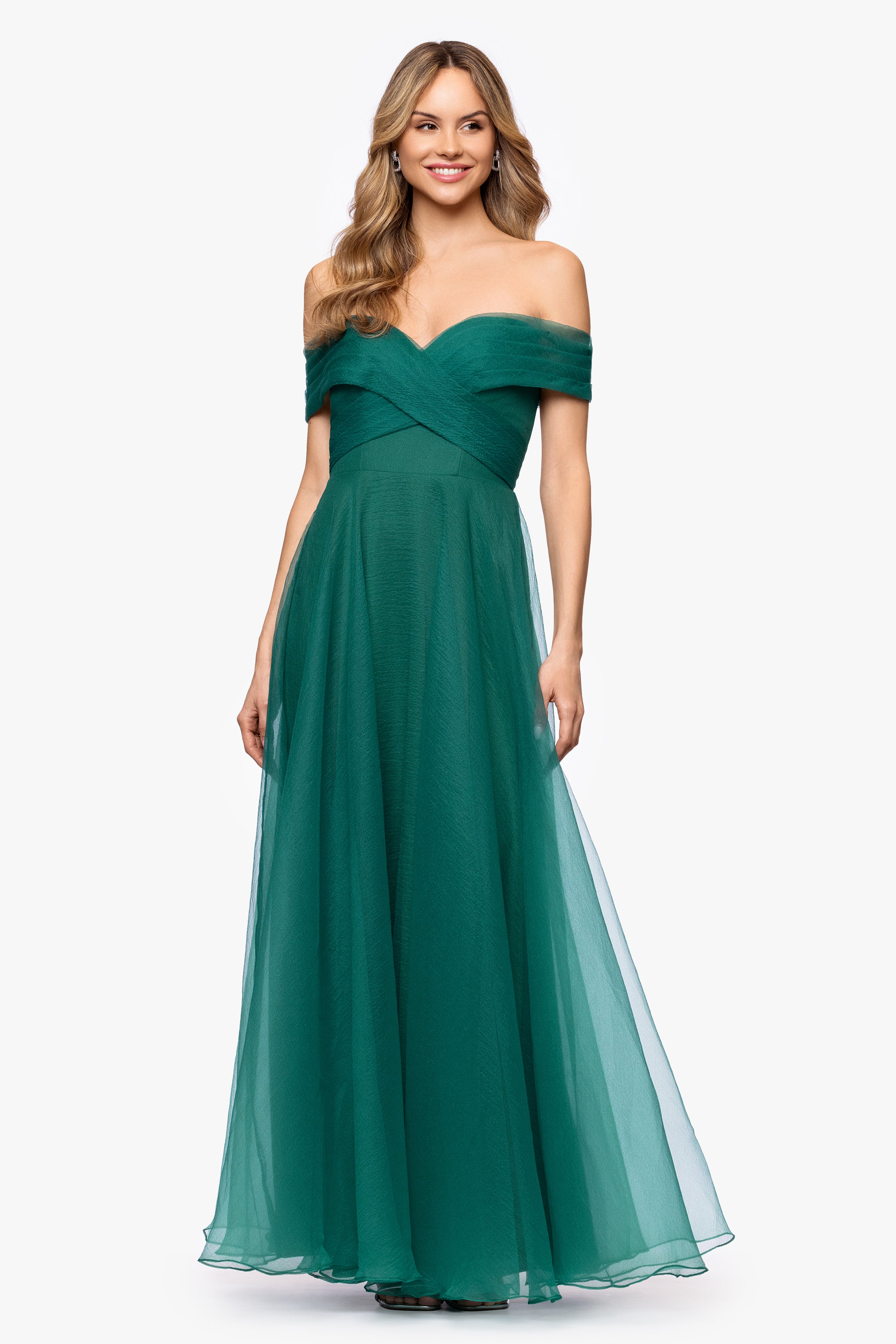 Petite "Paige" Organza Off the Shoulder Floor Length Dress