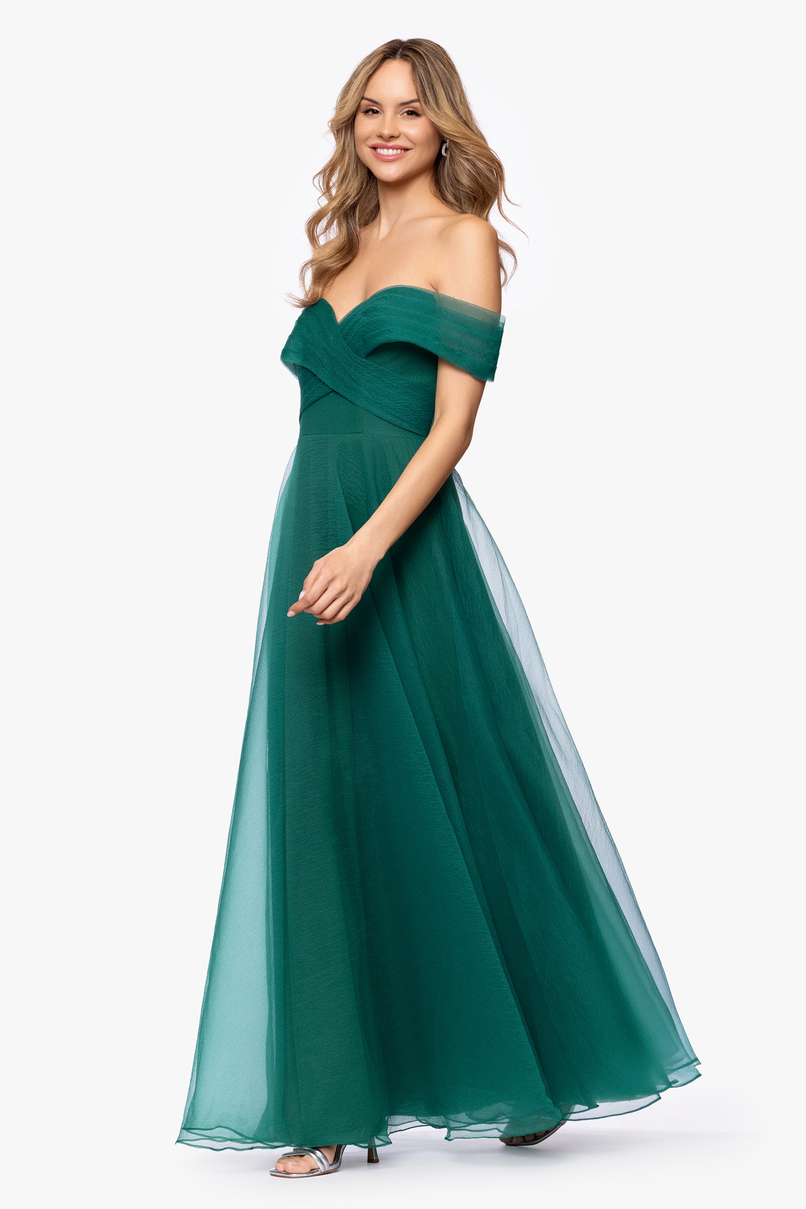 Petite "Paige" Organza Off the Shoulder Floor Length Dress