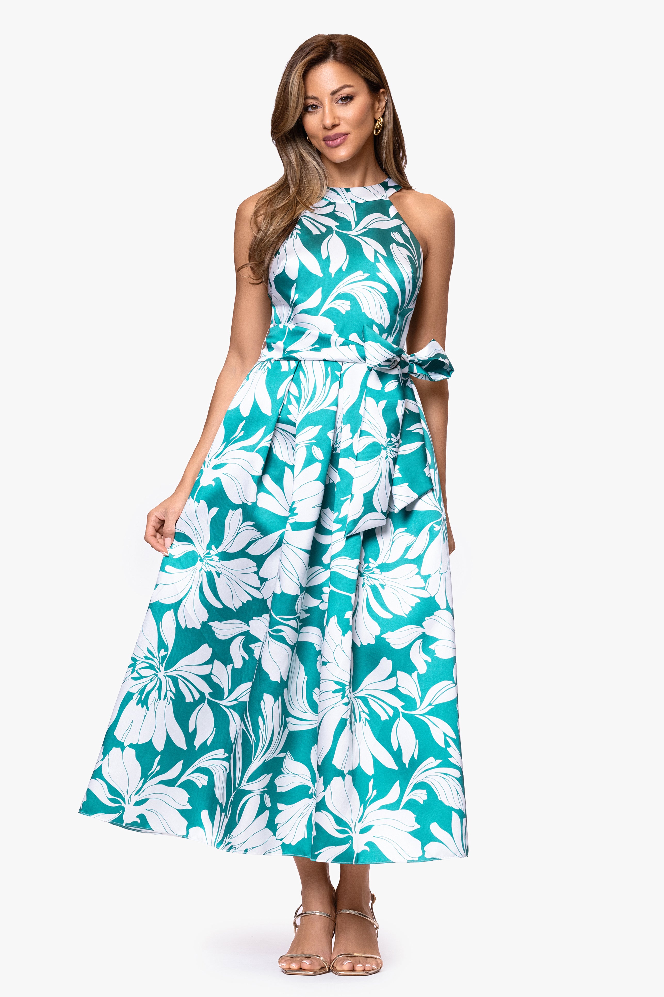 "Natalia" Mikado Print Bow Waist Midi Dress