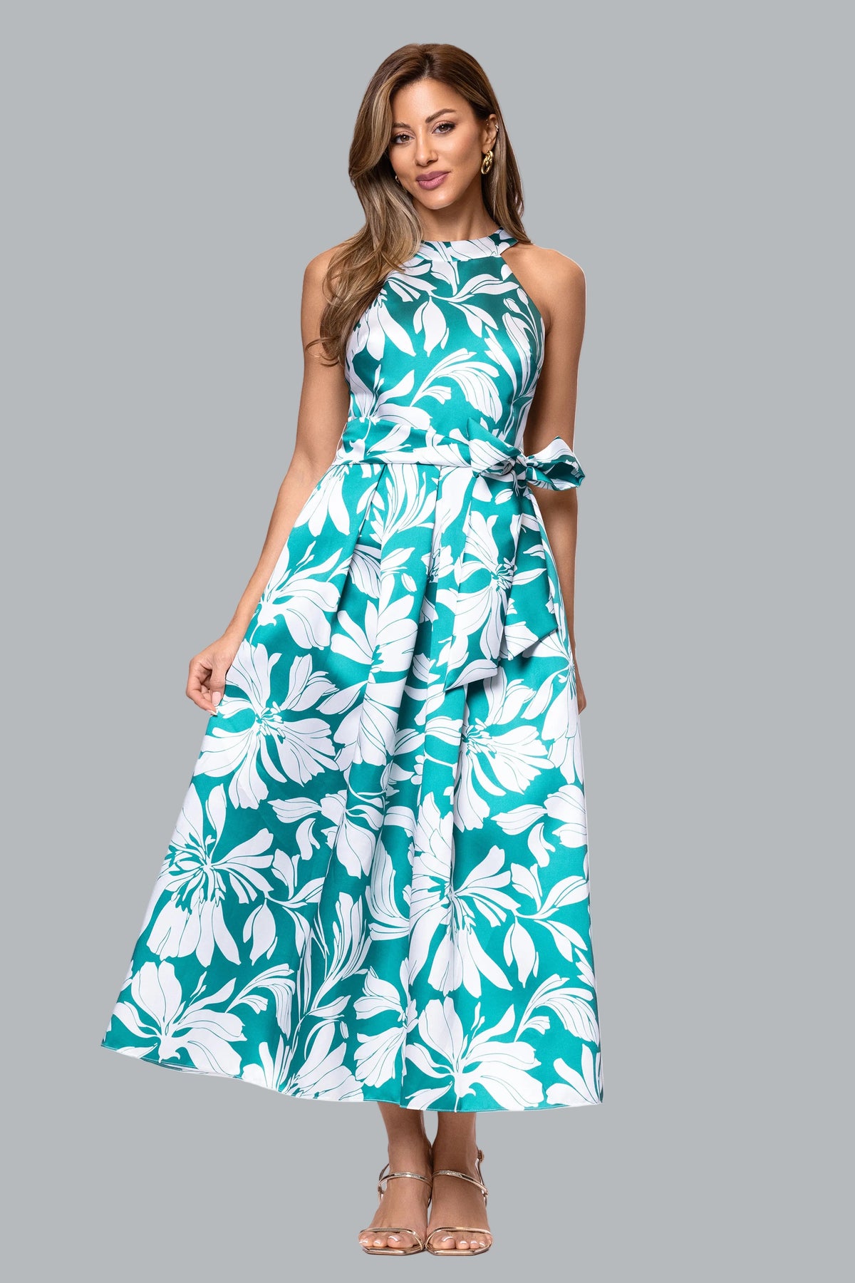 "Natalia" Mikado Print Bow Waist Midi Dress