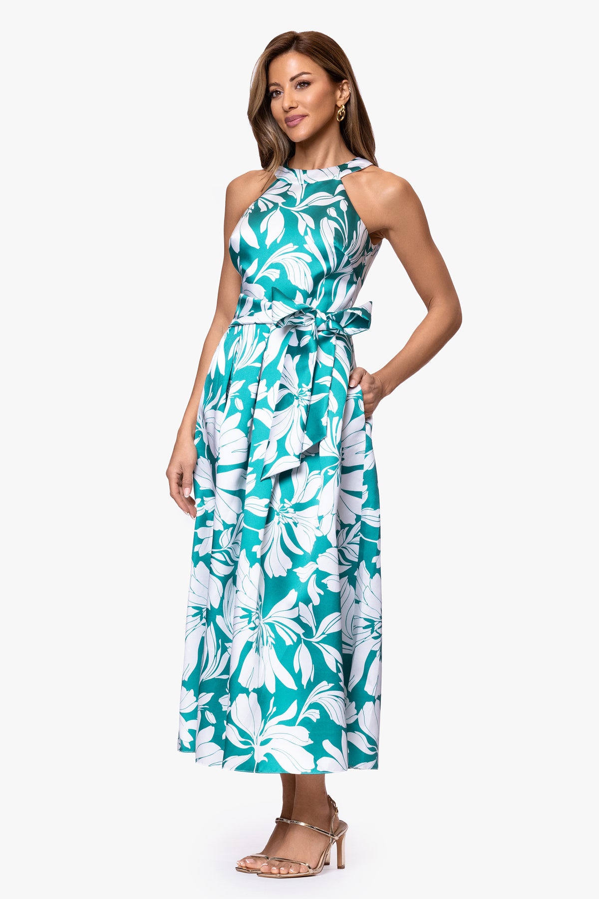 "Natalia" Mikado Print Bow Waist Midi Dress