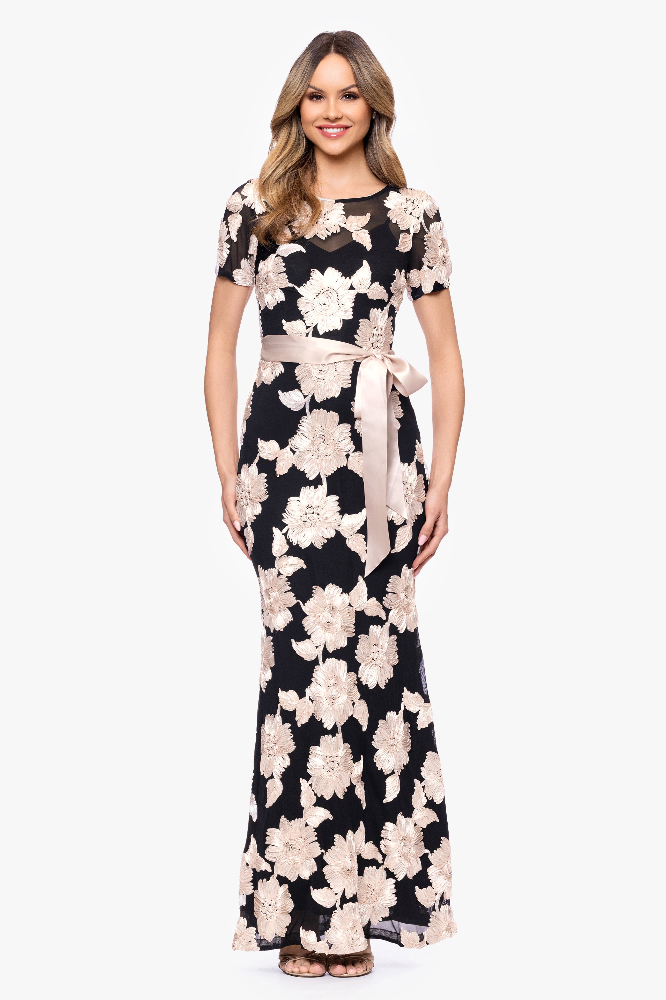 "Giselle" Soutache Mesh Short Sleeve Floor Length Dress