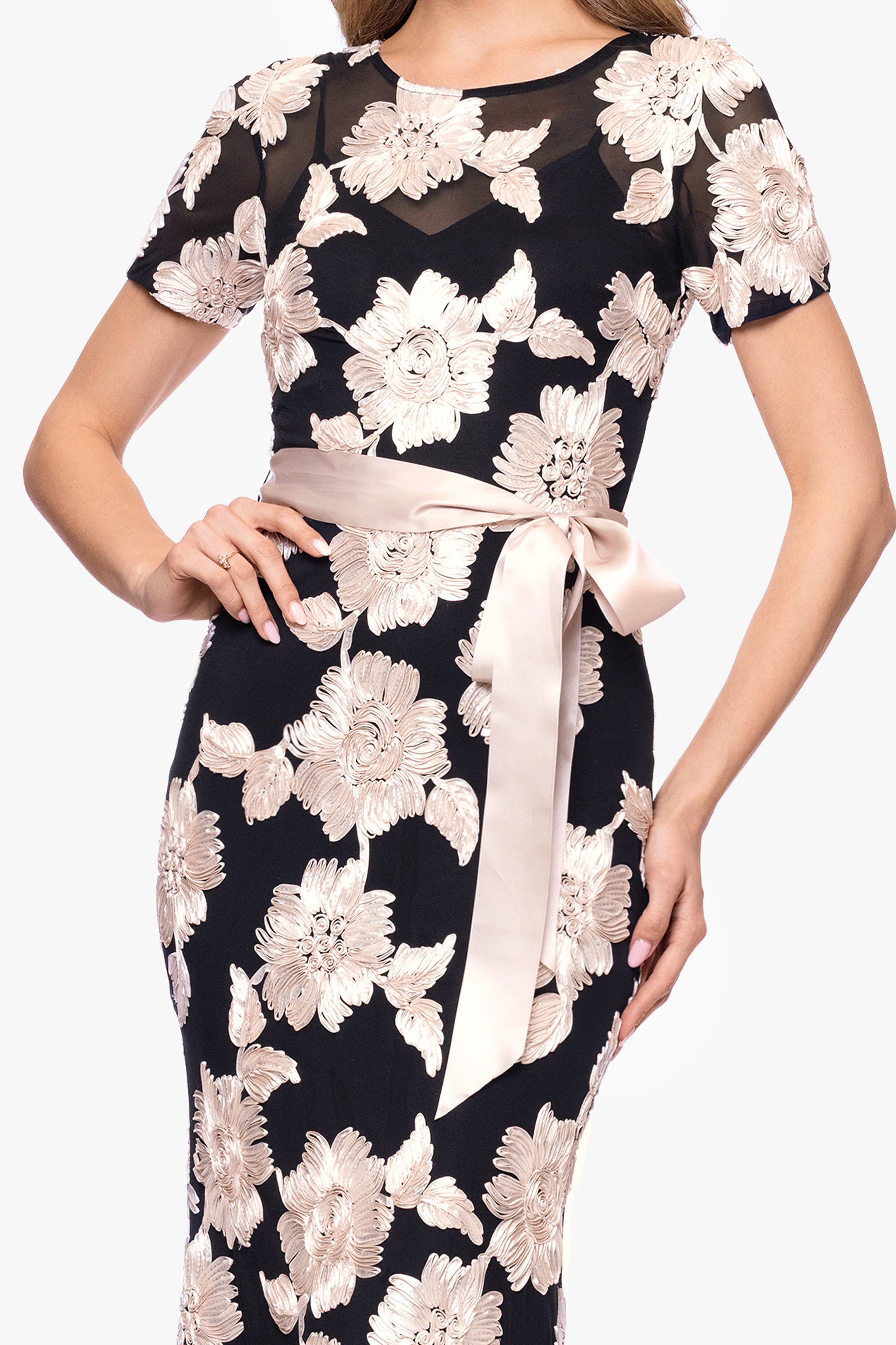 "Giselle" Soutache Mesh Short Sleeve Floor Length Dress