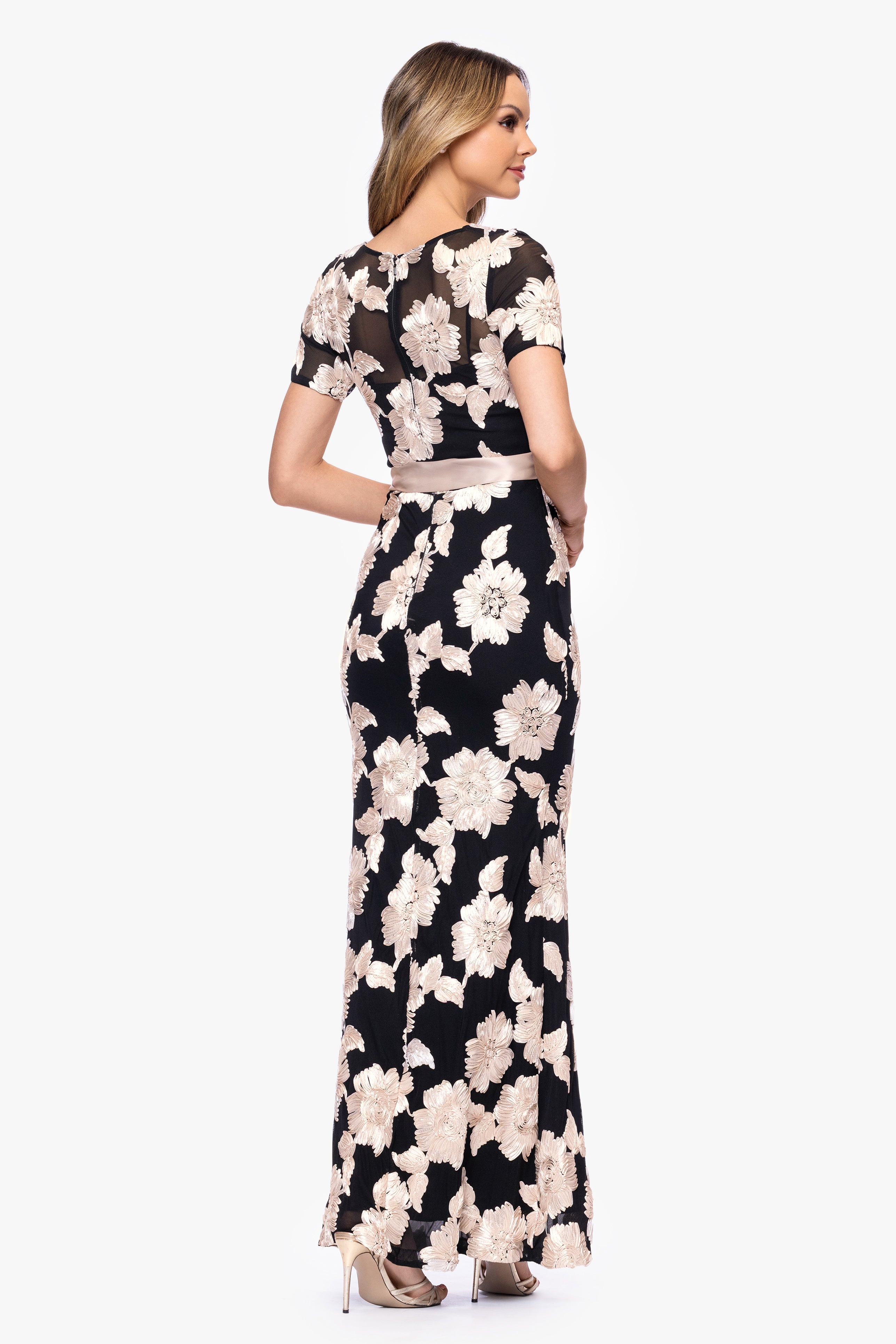 "Giselle" Soutache Mesh Short Sleeve Floor Length Dress