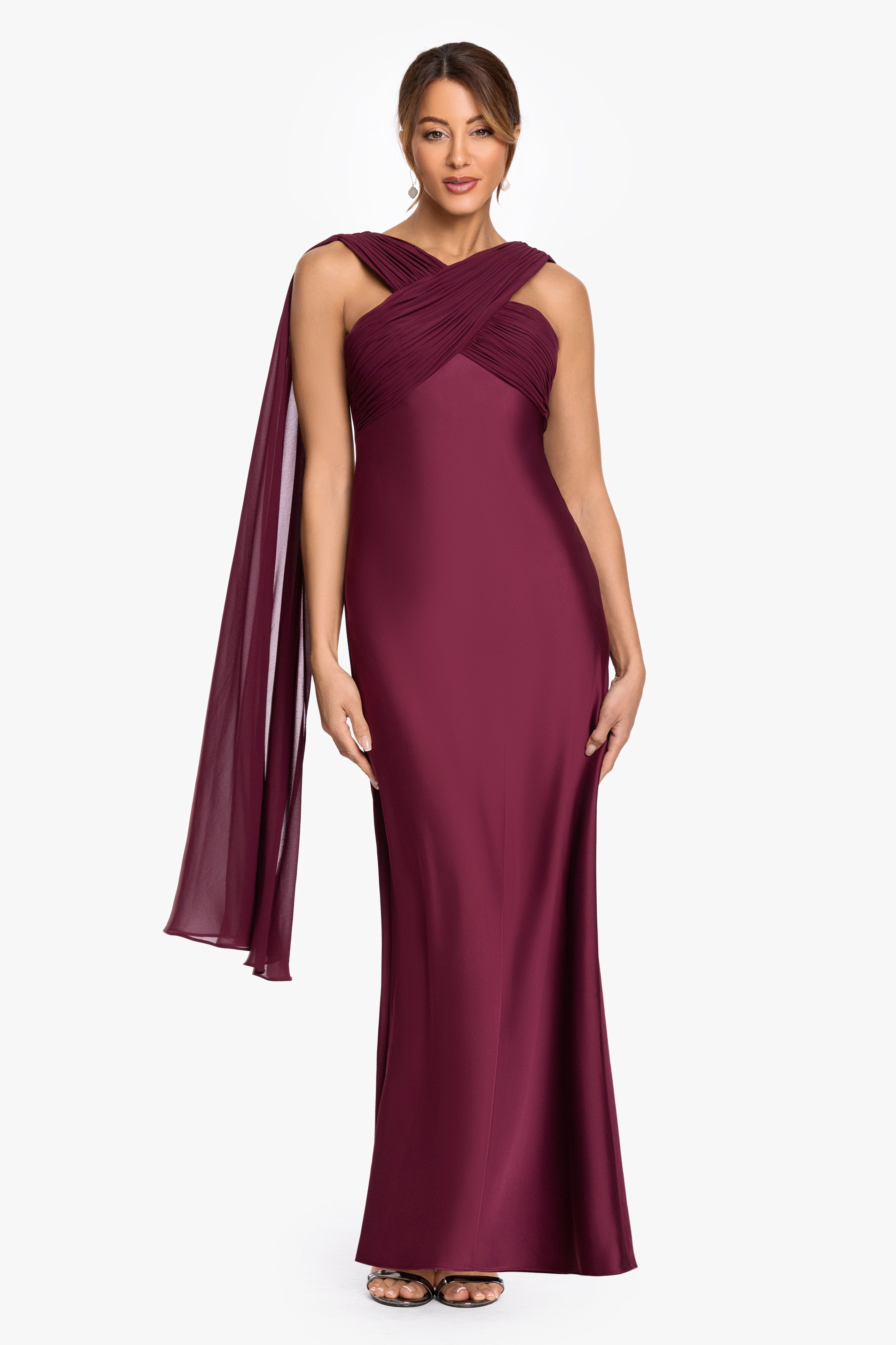 Petite "Amelia" Satin & Chiffon Scarf Halter Long Dress