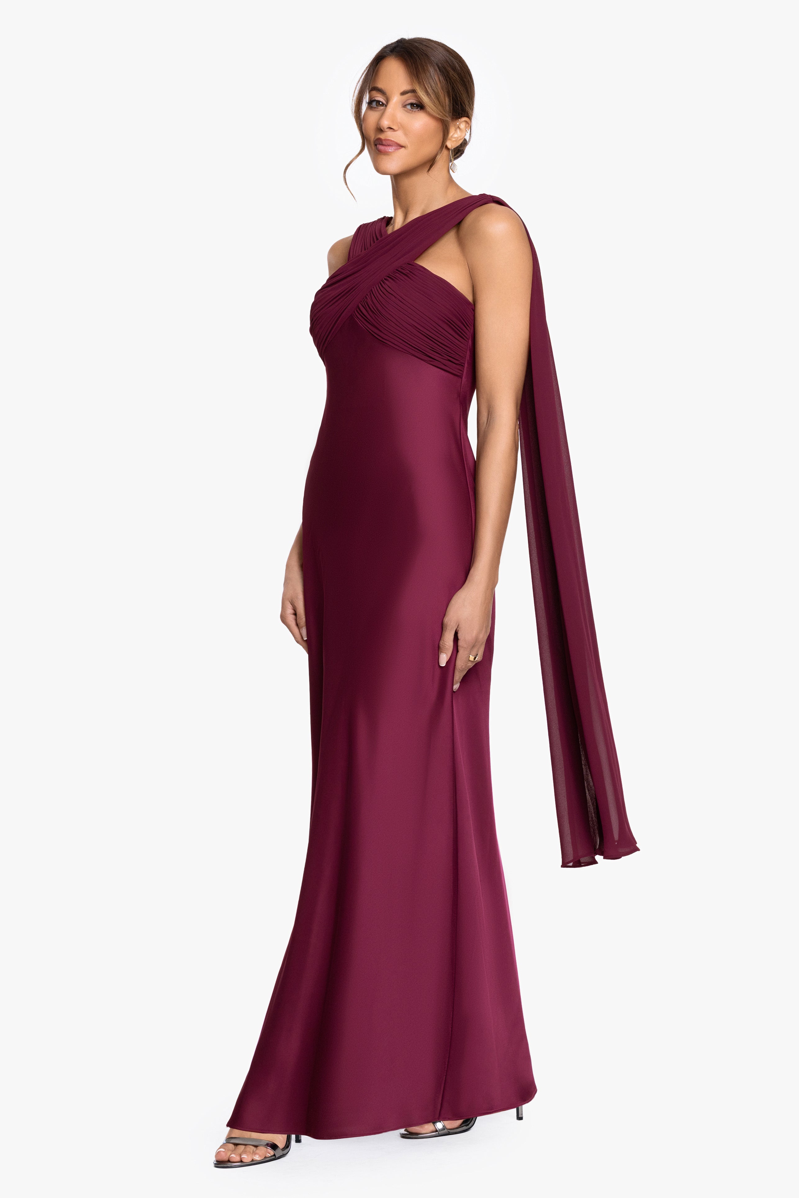 Petite "Amelia" Satin & Chiffon Scarf Halter Long Dress