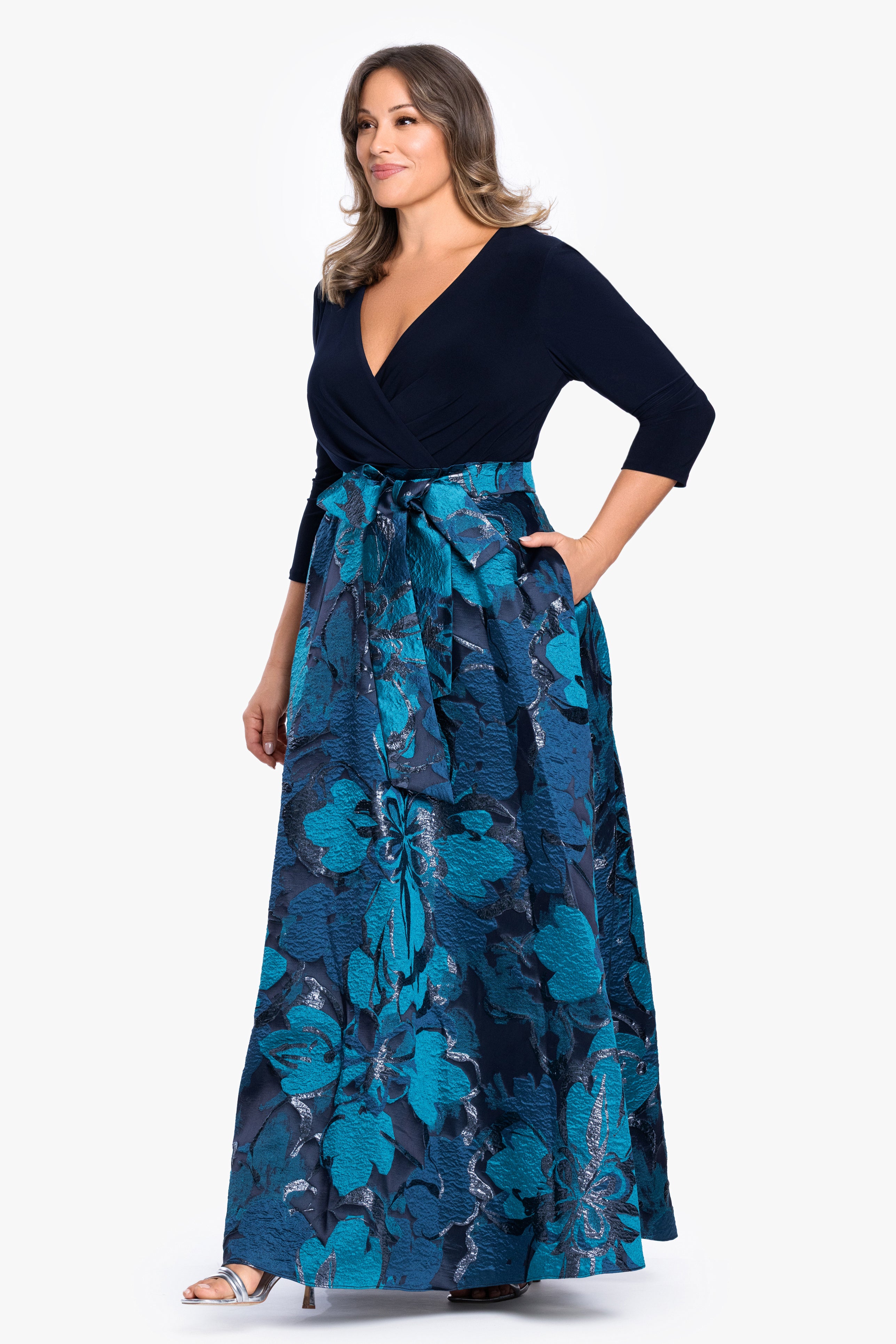 Plus "Abigail" Print Brocade With Jersey Knit Top Gown