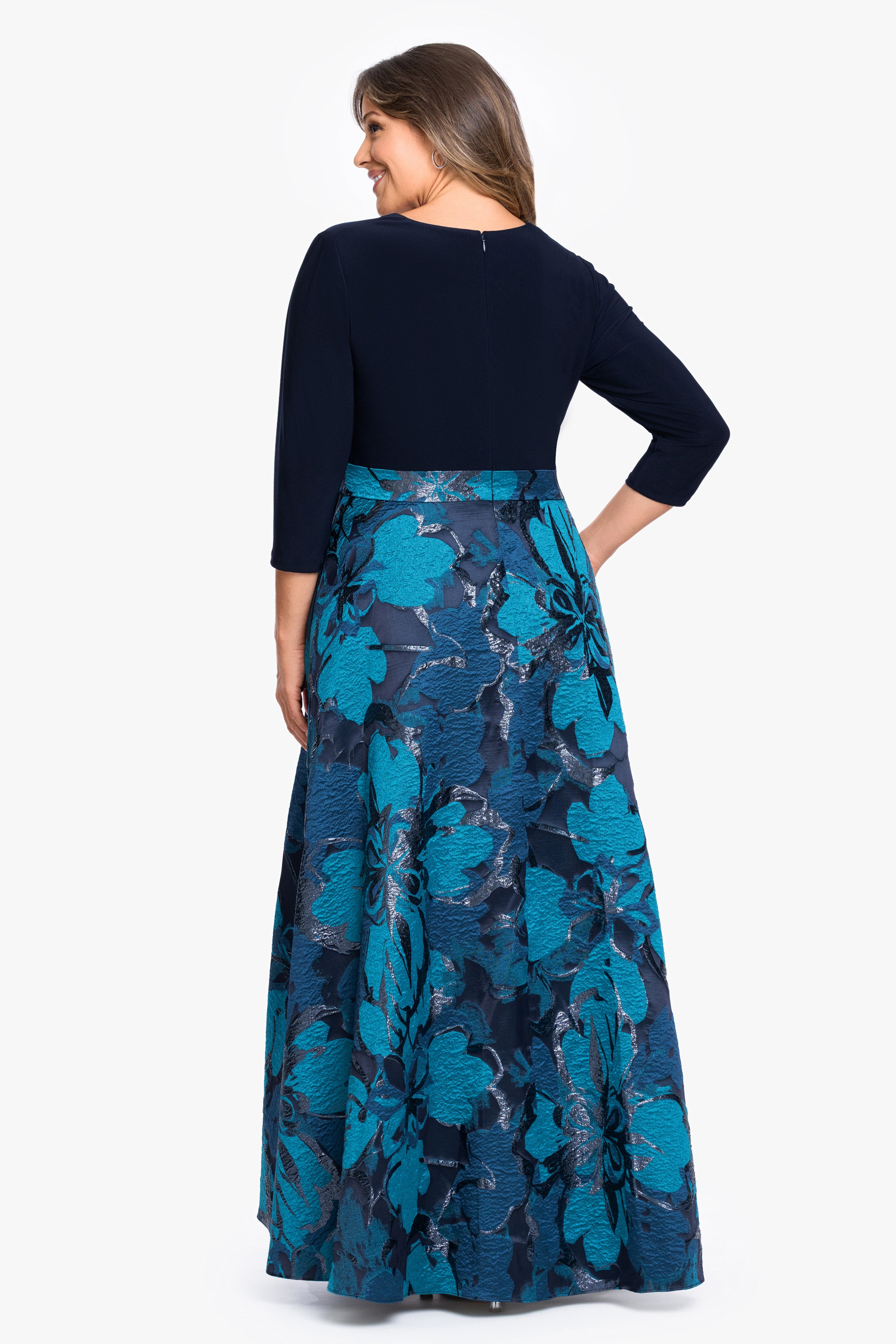 Plus "Abigail" Print Brocade With Jersey Knit Top Gown