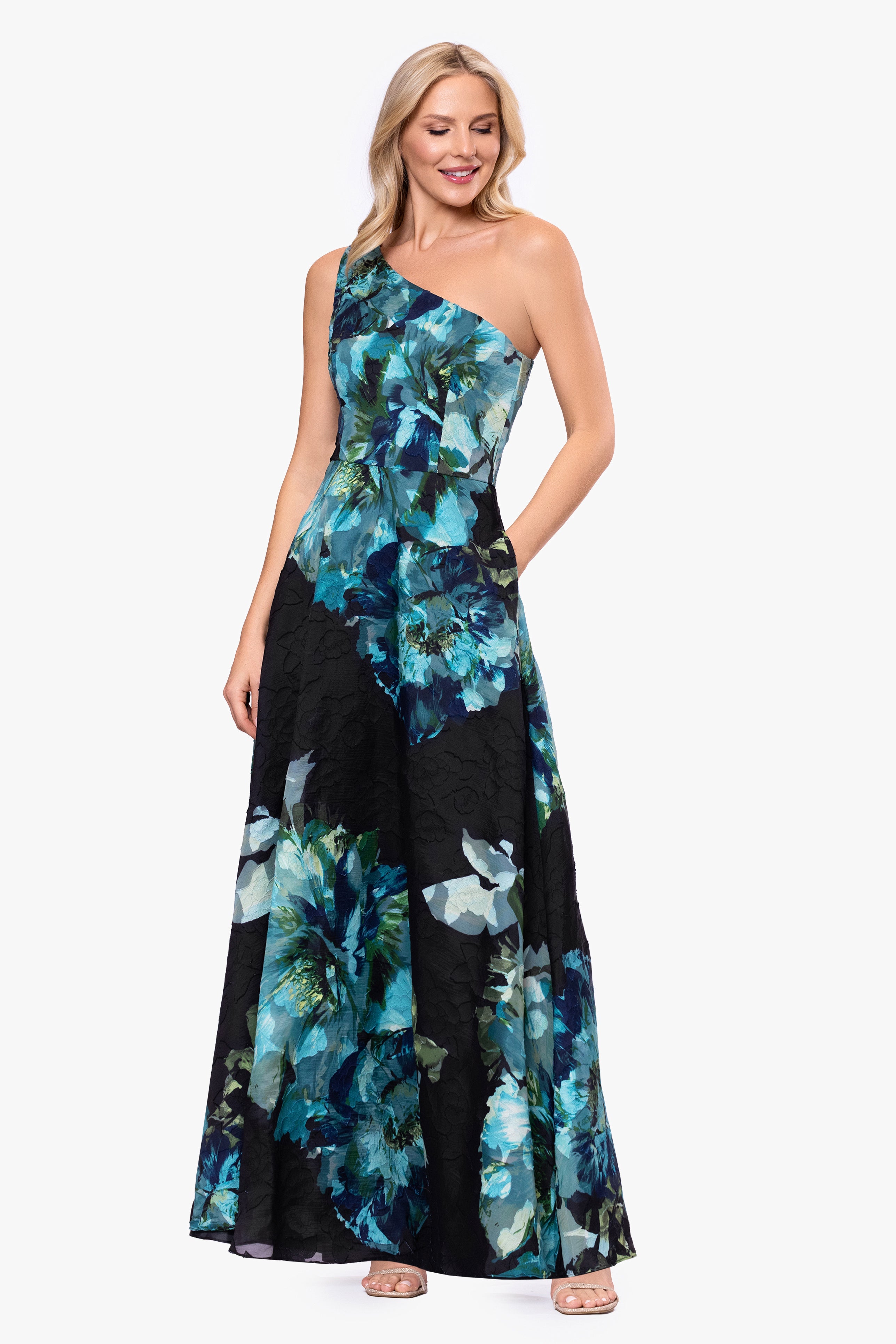 Petite "Carli" Organza Jacquard Burnout One Shoulder Floor Length Dress