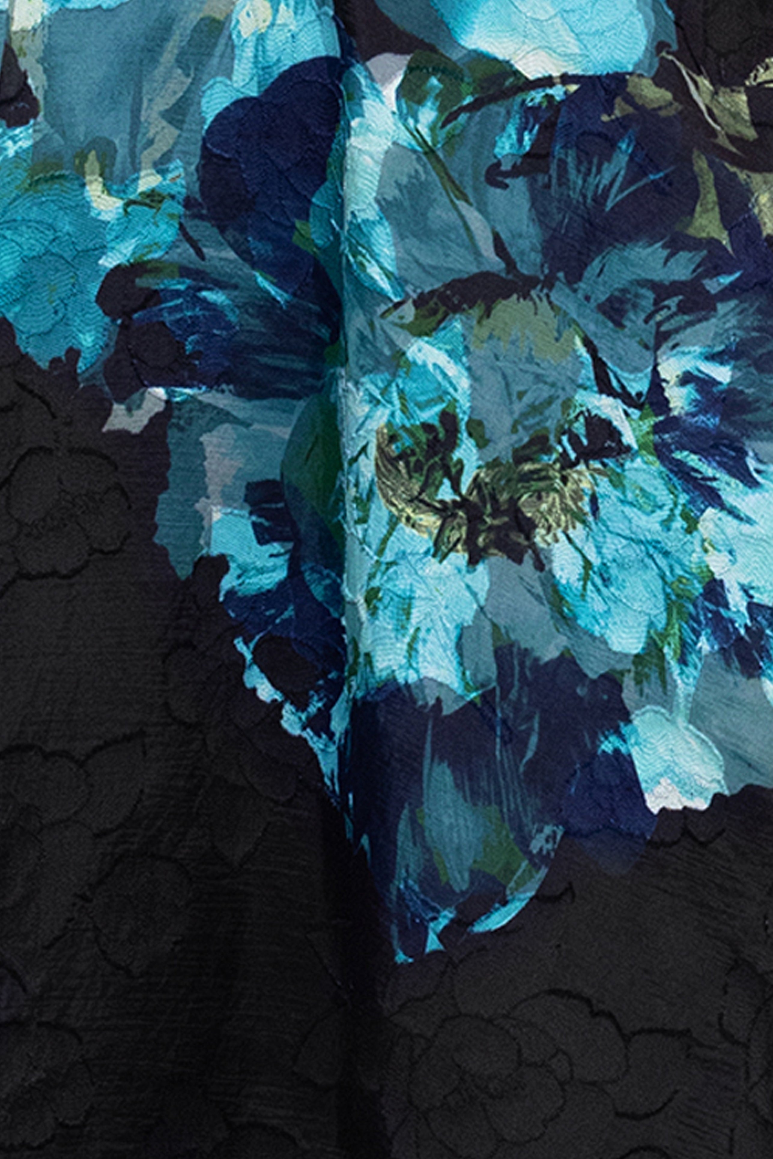 Petite "Carli" Organza Jacquard Burnout One Shoulder Floor Length Dress